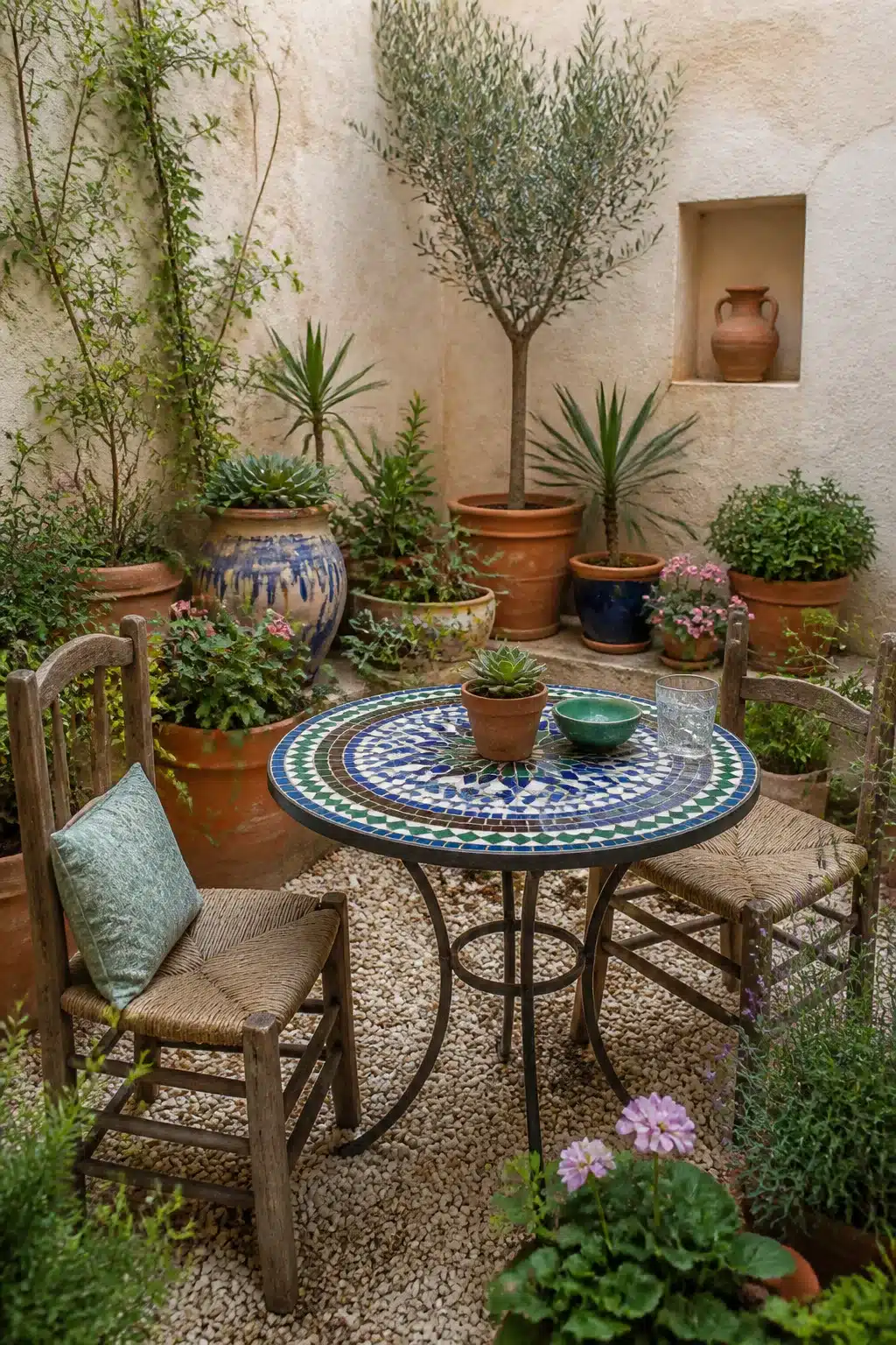 Mosaic tile bistro table and rush-seat chairs in a small Mediterranean garden courtyard with potted plants and gravel.