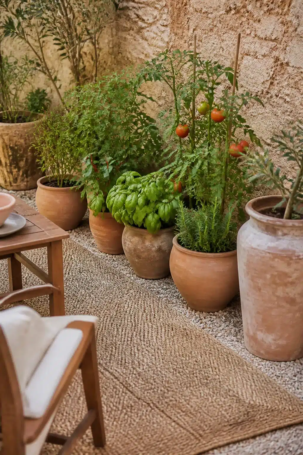 Basil and tomato plants in aged terracotta pots on gravel in a small Mediterranean garden outdoor dining space.