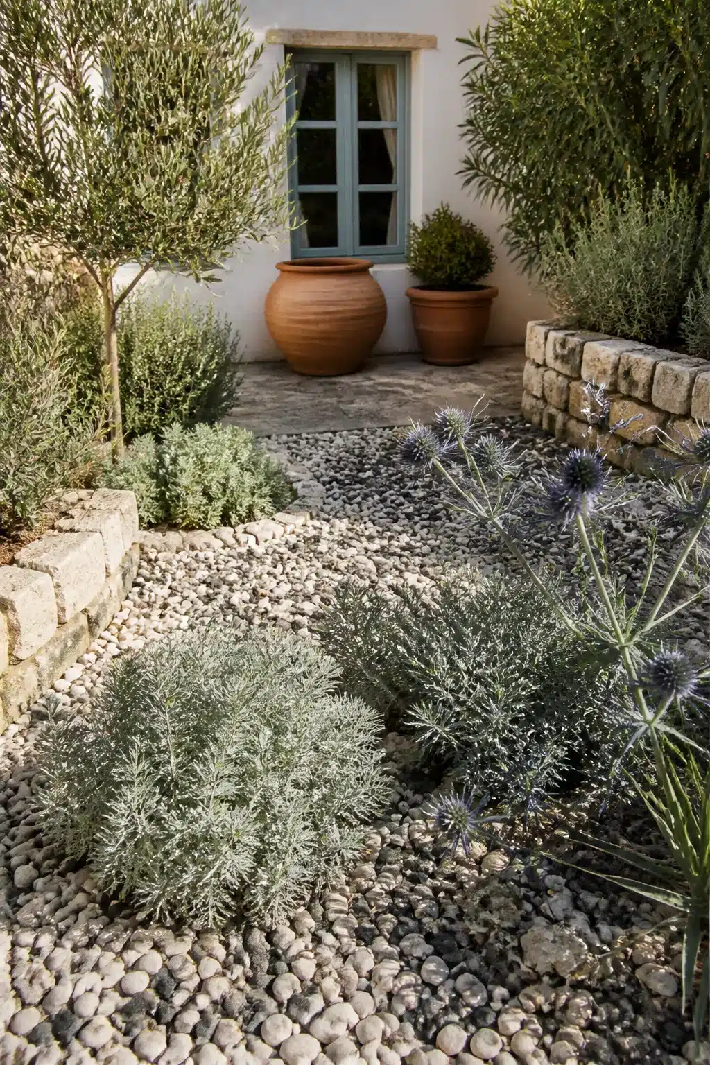 River pebble ground cover with silver foliage and globe thistles in a small Mediterranean garden courtyard