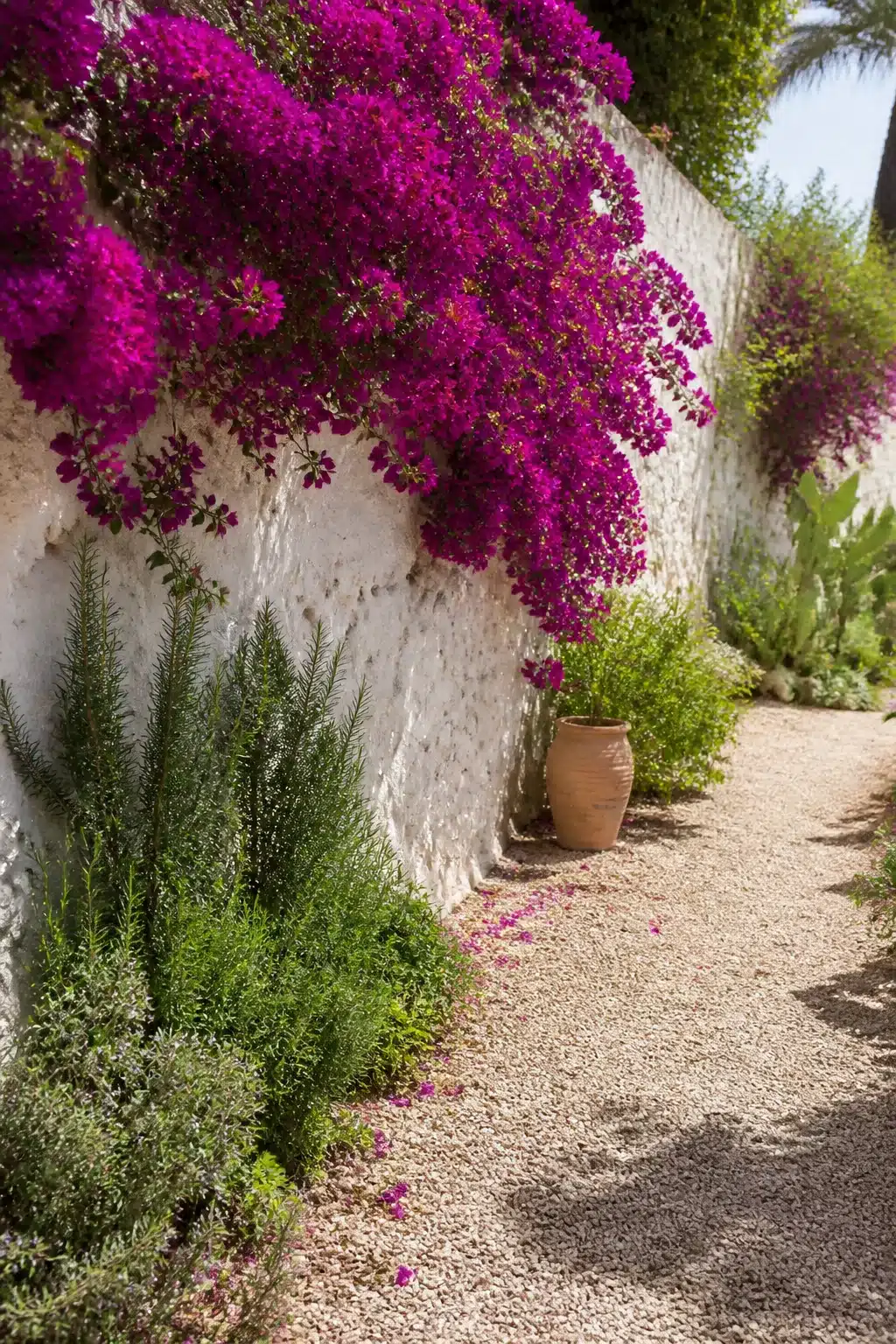 Magenta bougainvillea cascading over a whitewashed wall with gravel path in a small Mediterranean garden