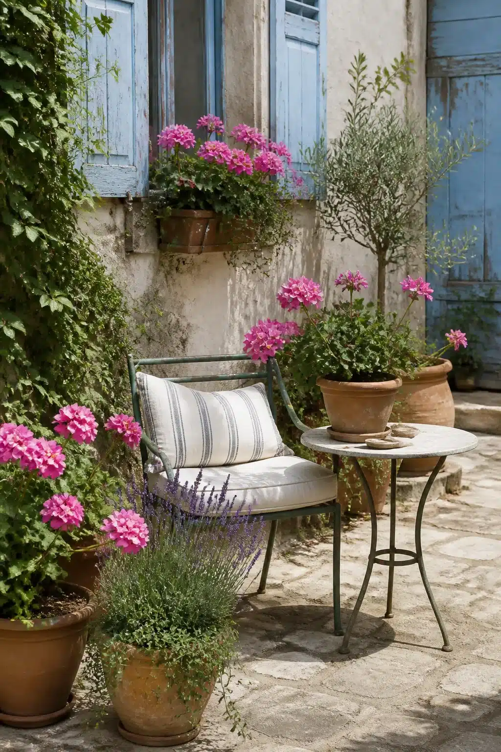 Small Mediterranean garden with pink geraniums, iron chair, striped cushion, and faded blue shutters on a stone wall.