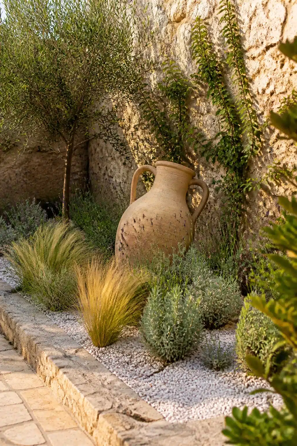 Large clay amphora surrounded by ornamental grasses and silver gravel in a small Mediterranean garden corner