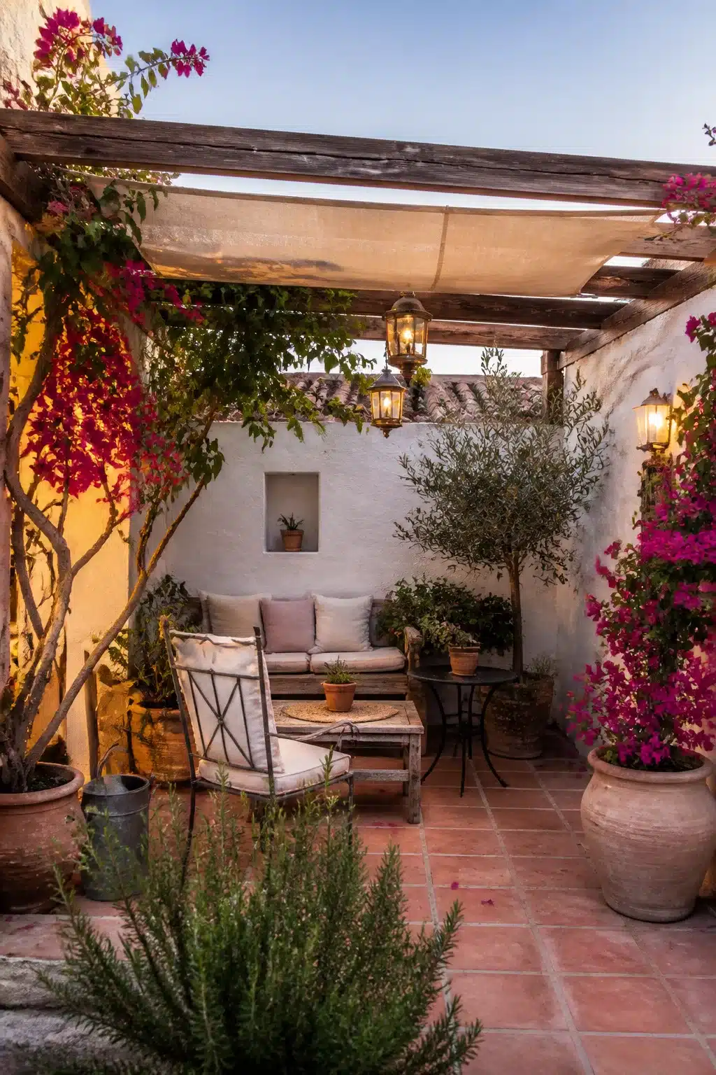 Small Mediterranean garden courtyard with linen shade cloth pergola, Moroccan lanterns, and bougainvillea at dusk.