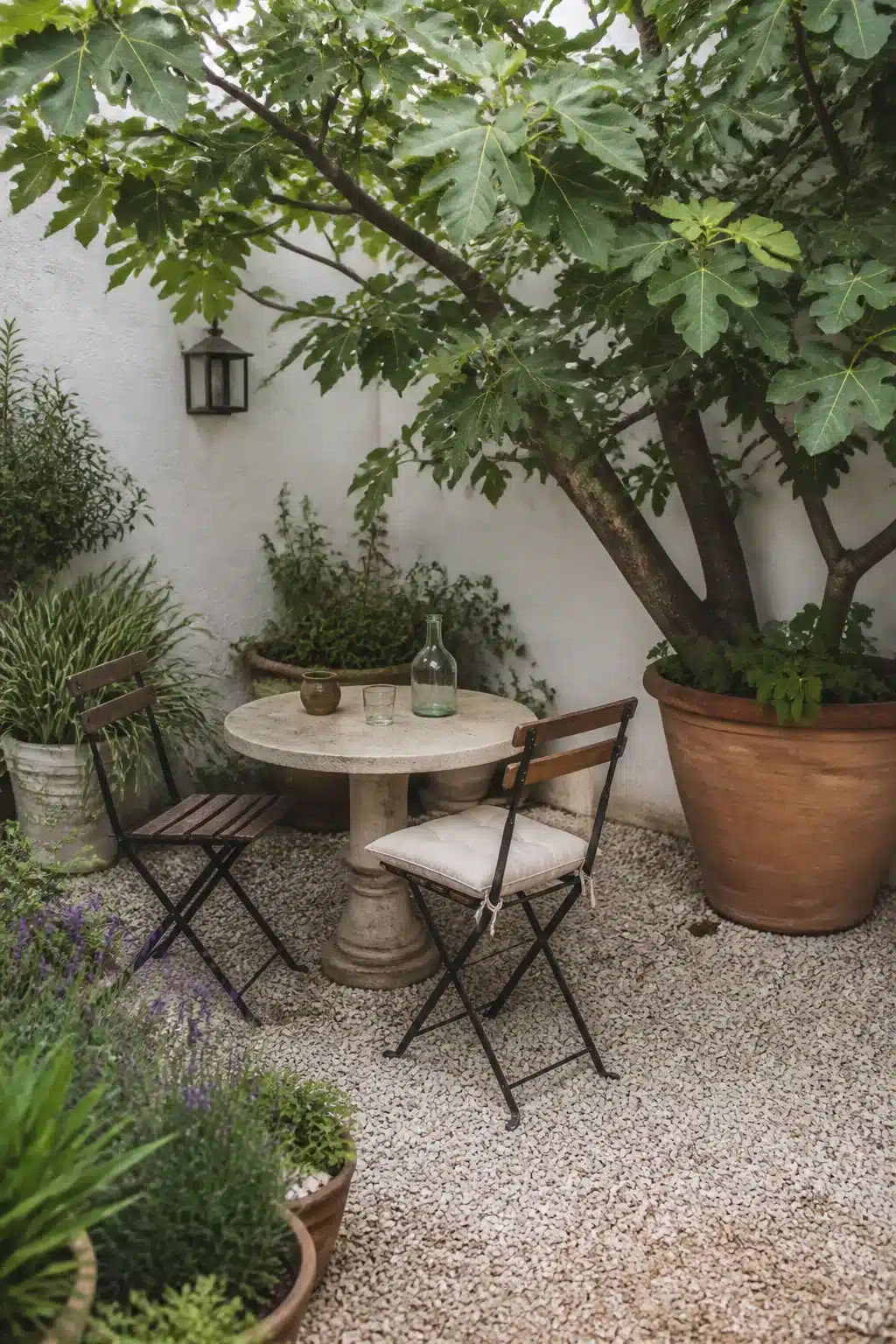 Small Mediterranean garden with fig tree canopy over stone bistro table and gravel floor in a walled courtyard