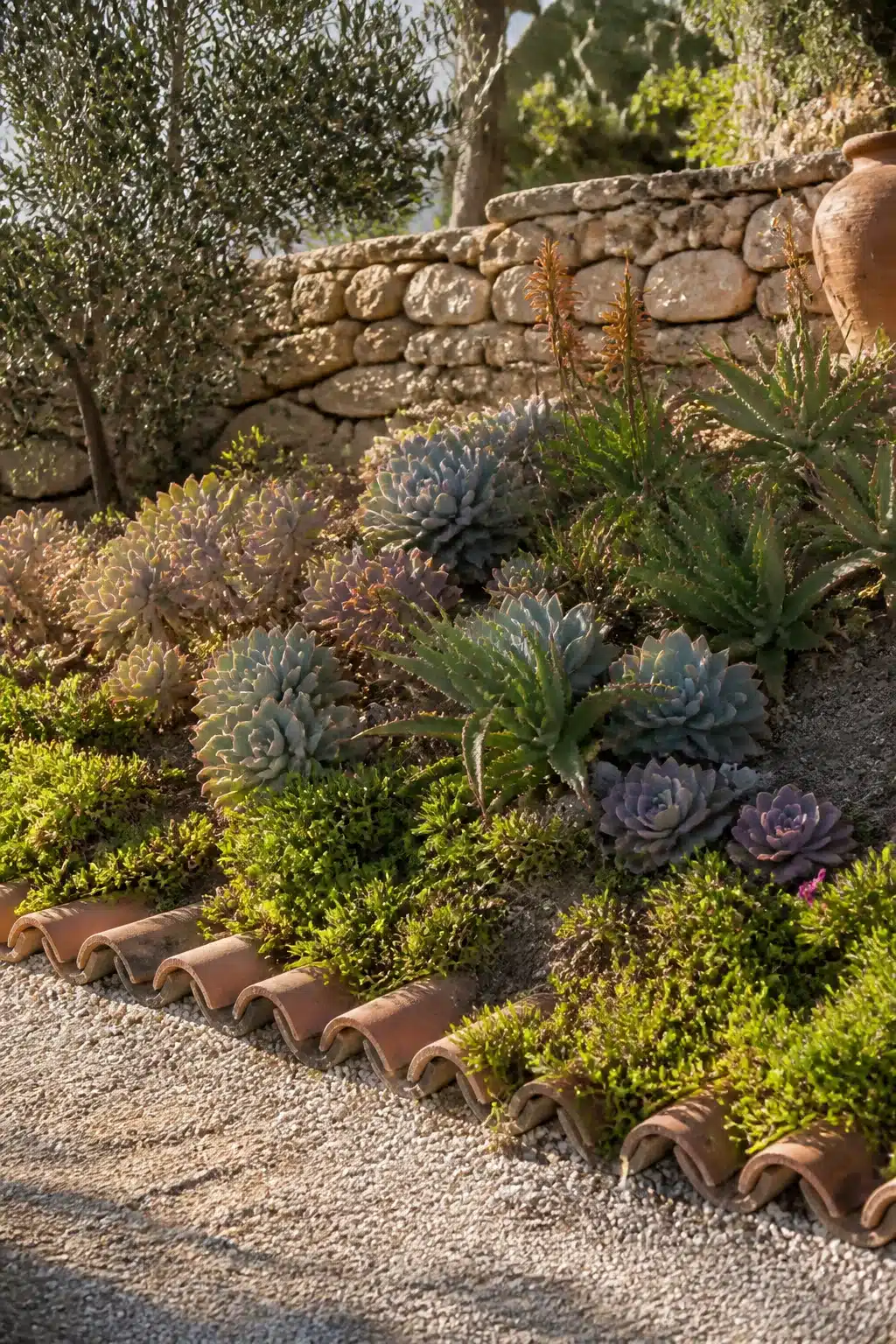 Drought-tolerant succulent bank with terracotta tile edging in a small Mediterranean garden with stone wall backdrop