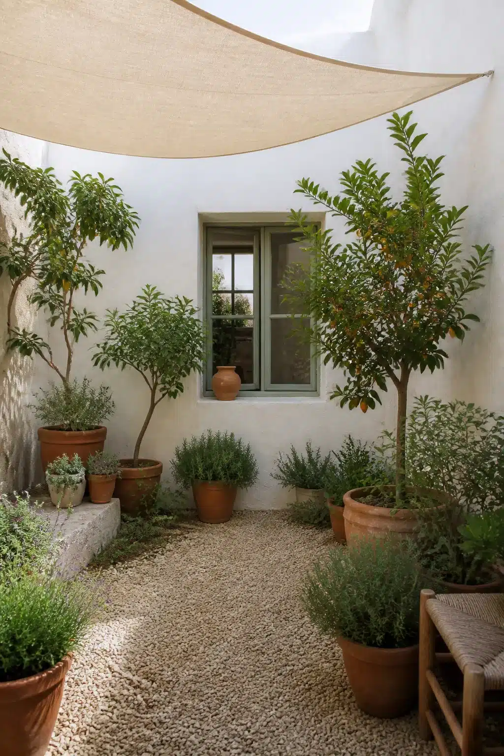 Small Mediterranean garden courtyard with linen sail shade, potted citrus trees, and gravel floor against white render walls.