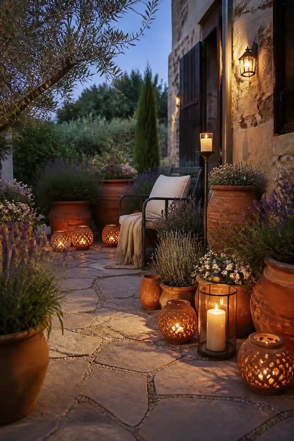 Pillar candles and cut-metal lanterns lighting a small Mediterranean garden patio at dusk with flagstone and herbs