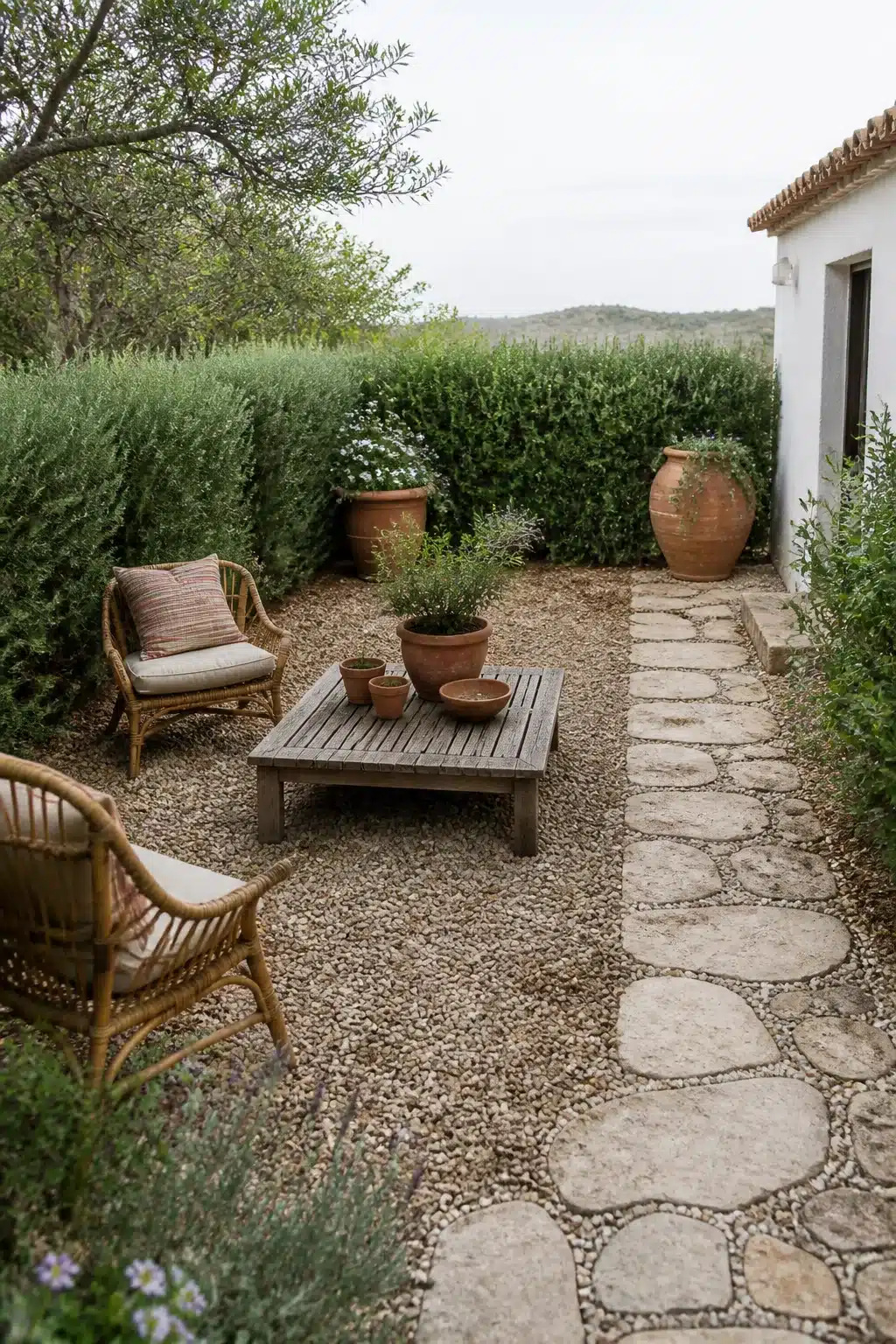 Small Mediterranean garden with rosemary hedge boundary, rattan chairs, gravel floor, and terracotta pots on a stone path.