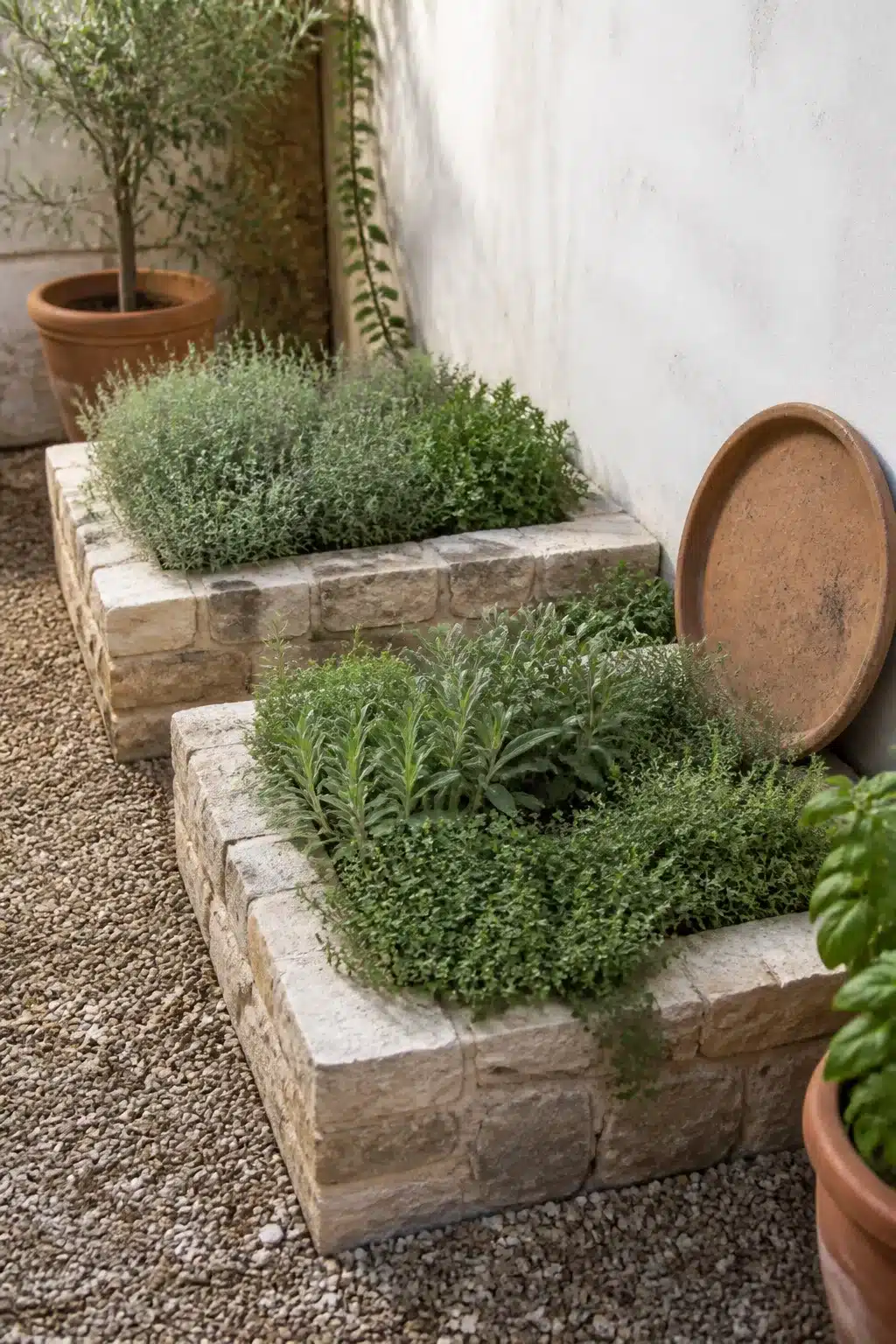 Two limestone raised herb beds with rosemary and thyme in a small Mediterranean garden courtyard with gravel ground cover.