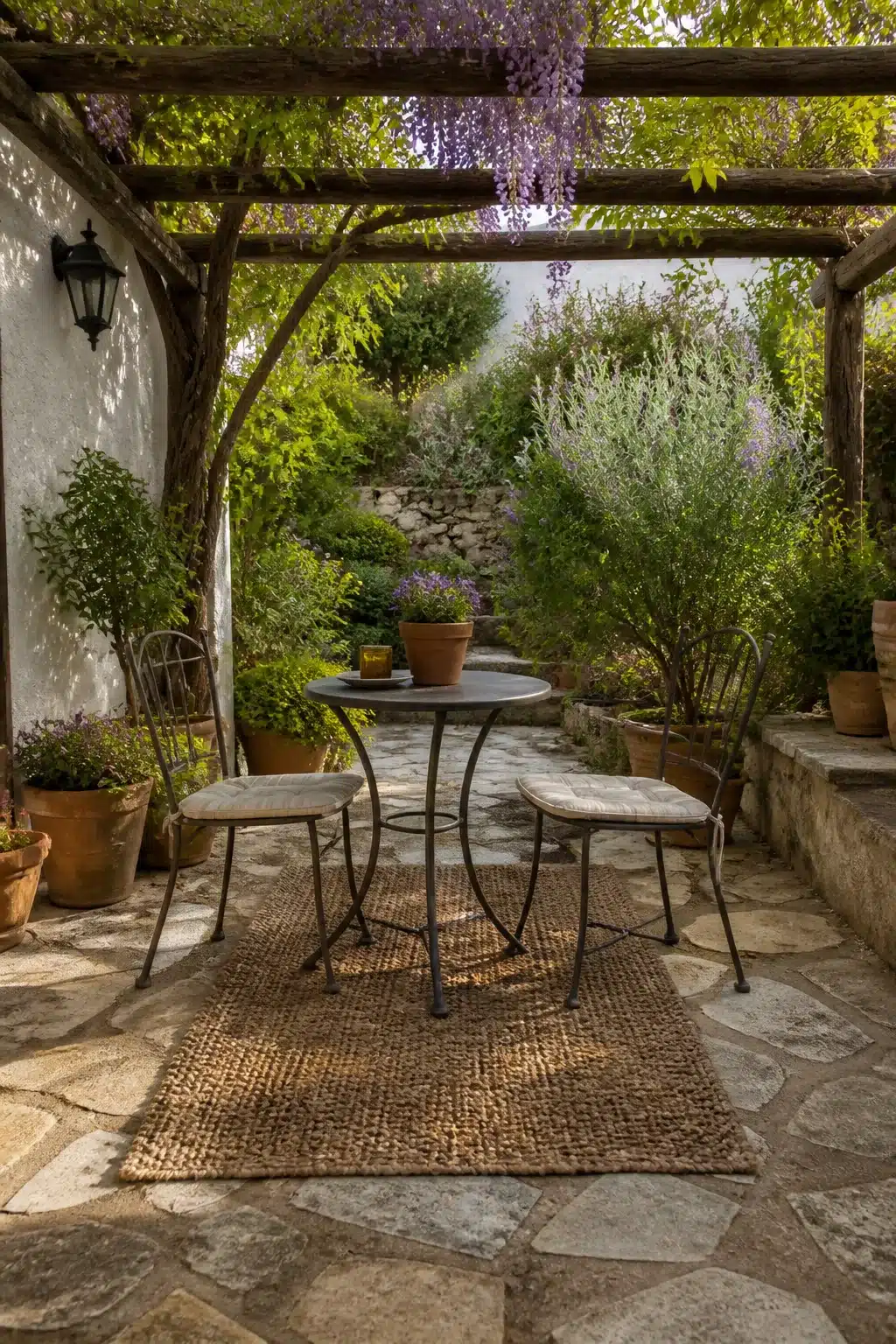 Wisteria-covered wooden pergola over a flagstone patio with iron bistro set in a small Mediterranean garden.