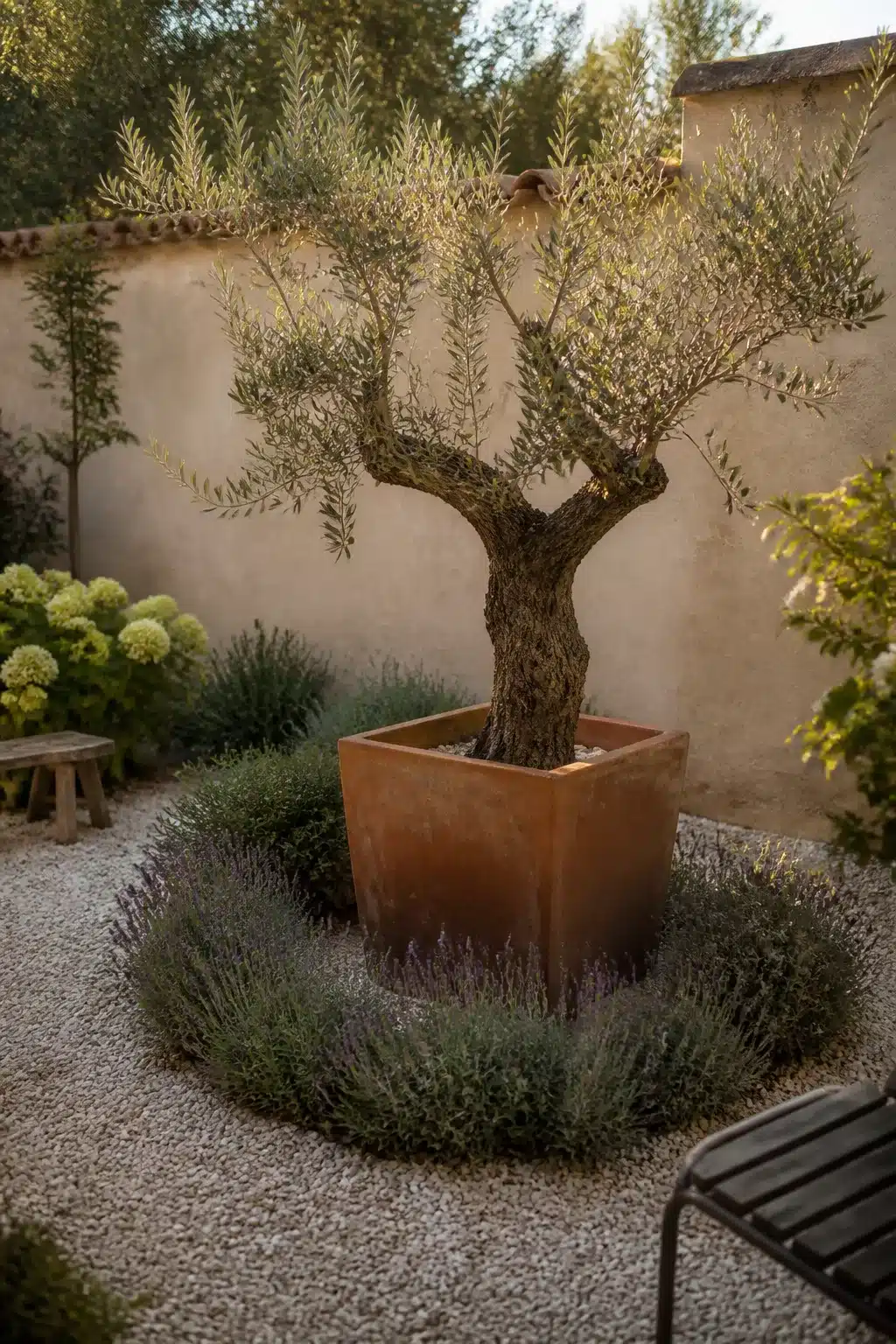 Gnarled olive tree in a corten steel planter surrounded by lavender and gravel in a small Mediterranean garden courtyard.