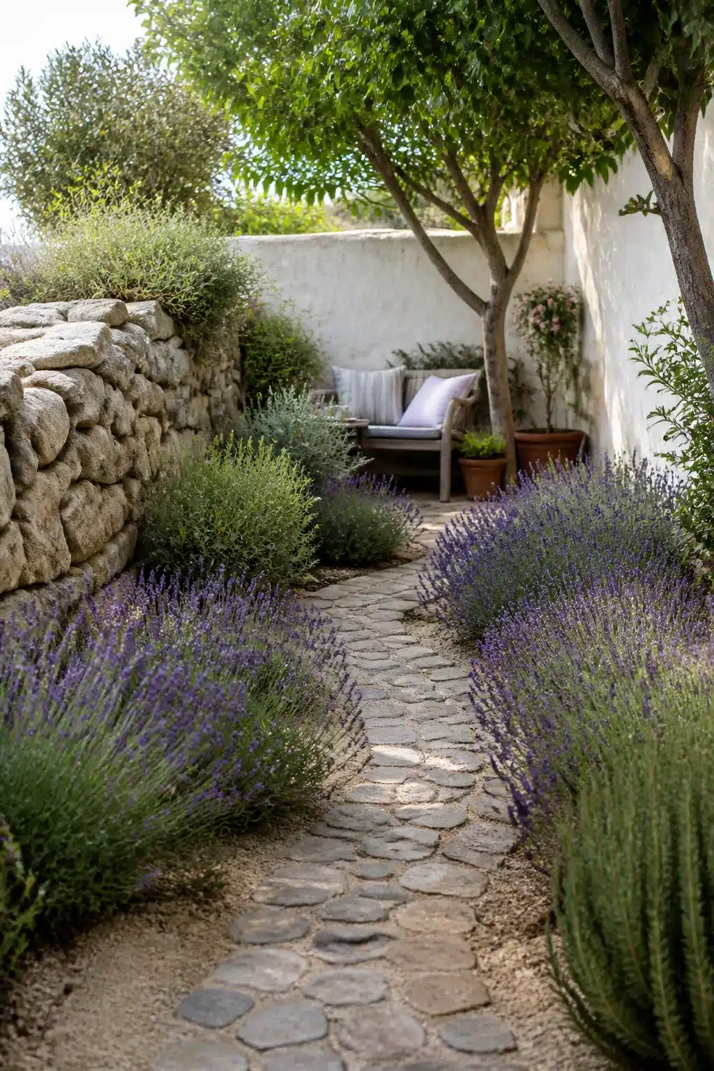 Cobblestone path through lavender borders in a small Mediterranean garden with dry-stone wall and shaded bench.