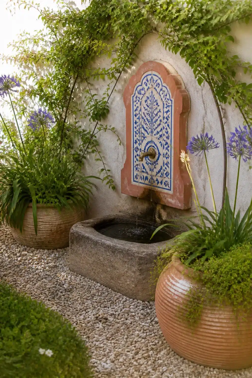 Blue and white mosaic wall fountain with stone basin in a small Mediterranean garden courtyard with gravel and agapanthus