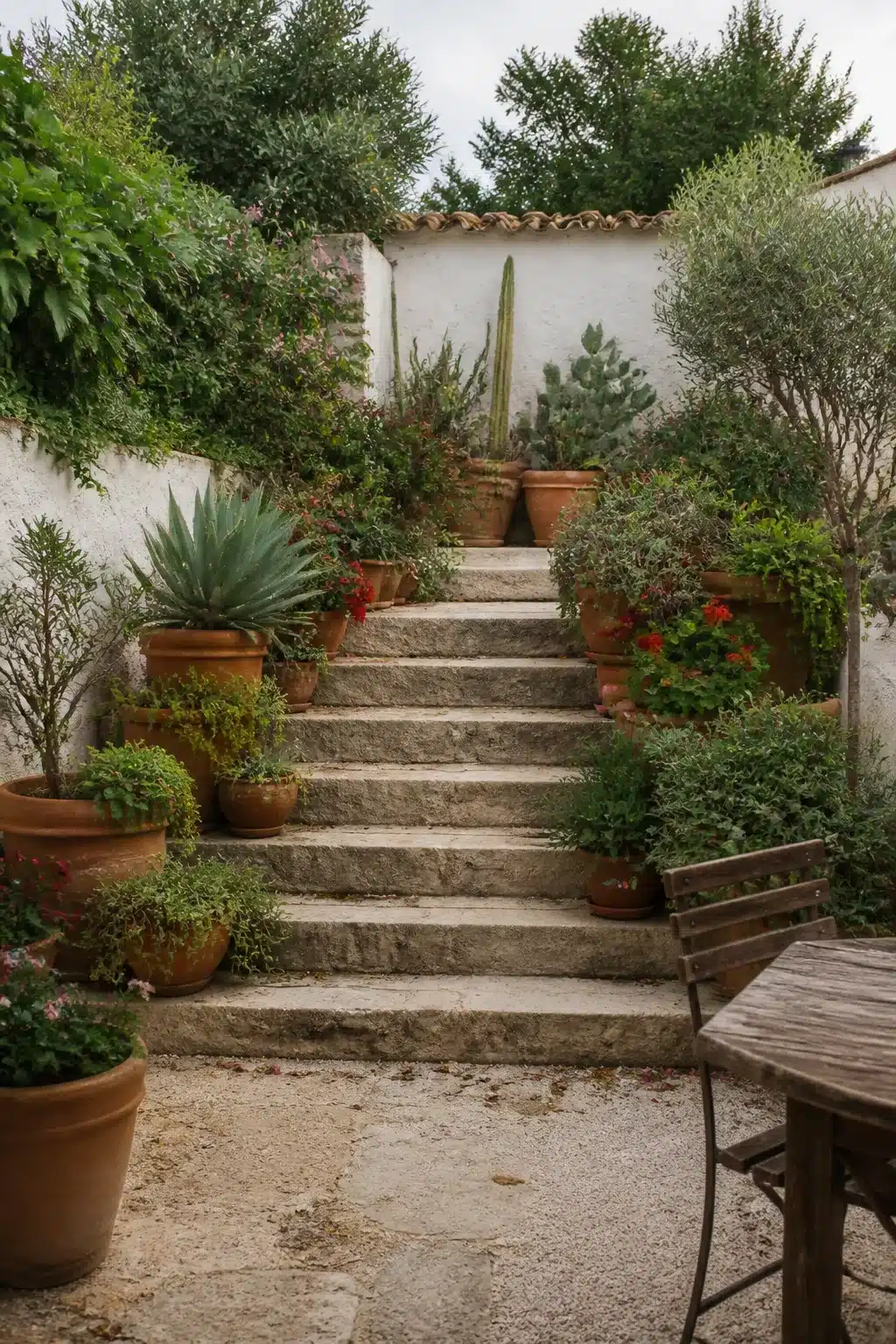 Stone garden steps lined with terracotta pots, agave, and herbs in a small Mediterranean garden courtyard.