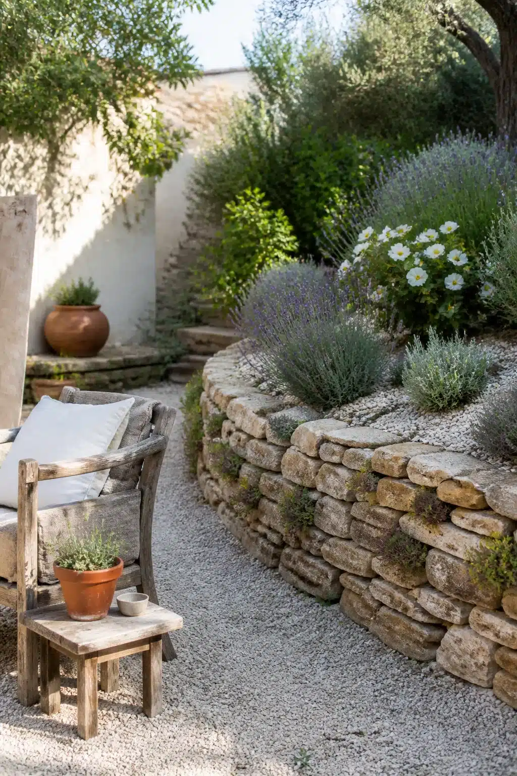 Curved dry-stone retaining wall with lavender and gravel in a small Mediterranean garden courtyard