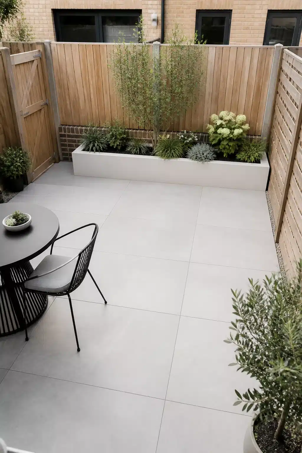 Small new build garden with large-format gray porcelain paving, white raised planter, and black bistro furniture