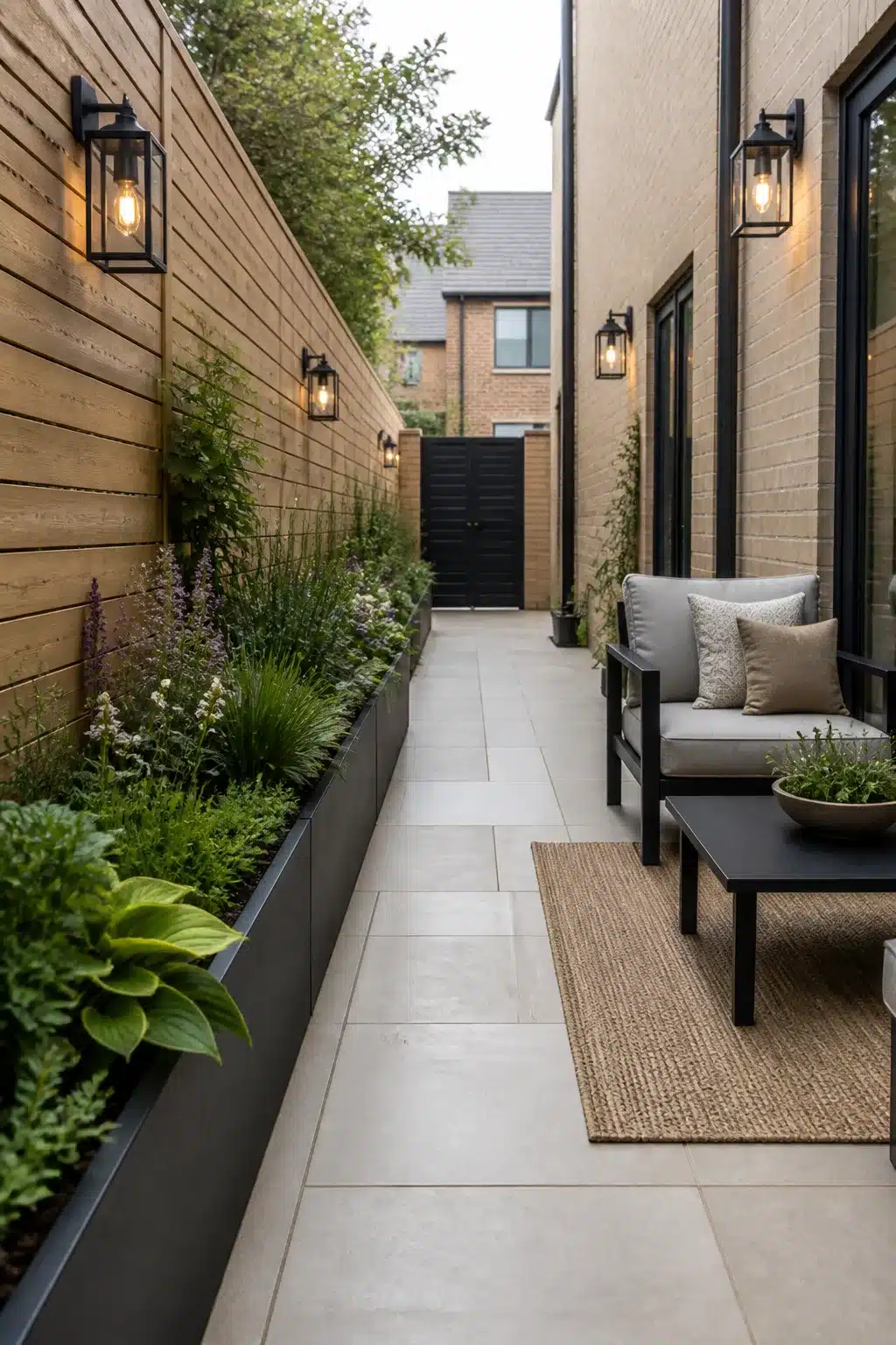 Small new build garden ideas: side return with cedar fence, dark raised planters, and stone paving in a contemporary outdoor space.