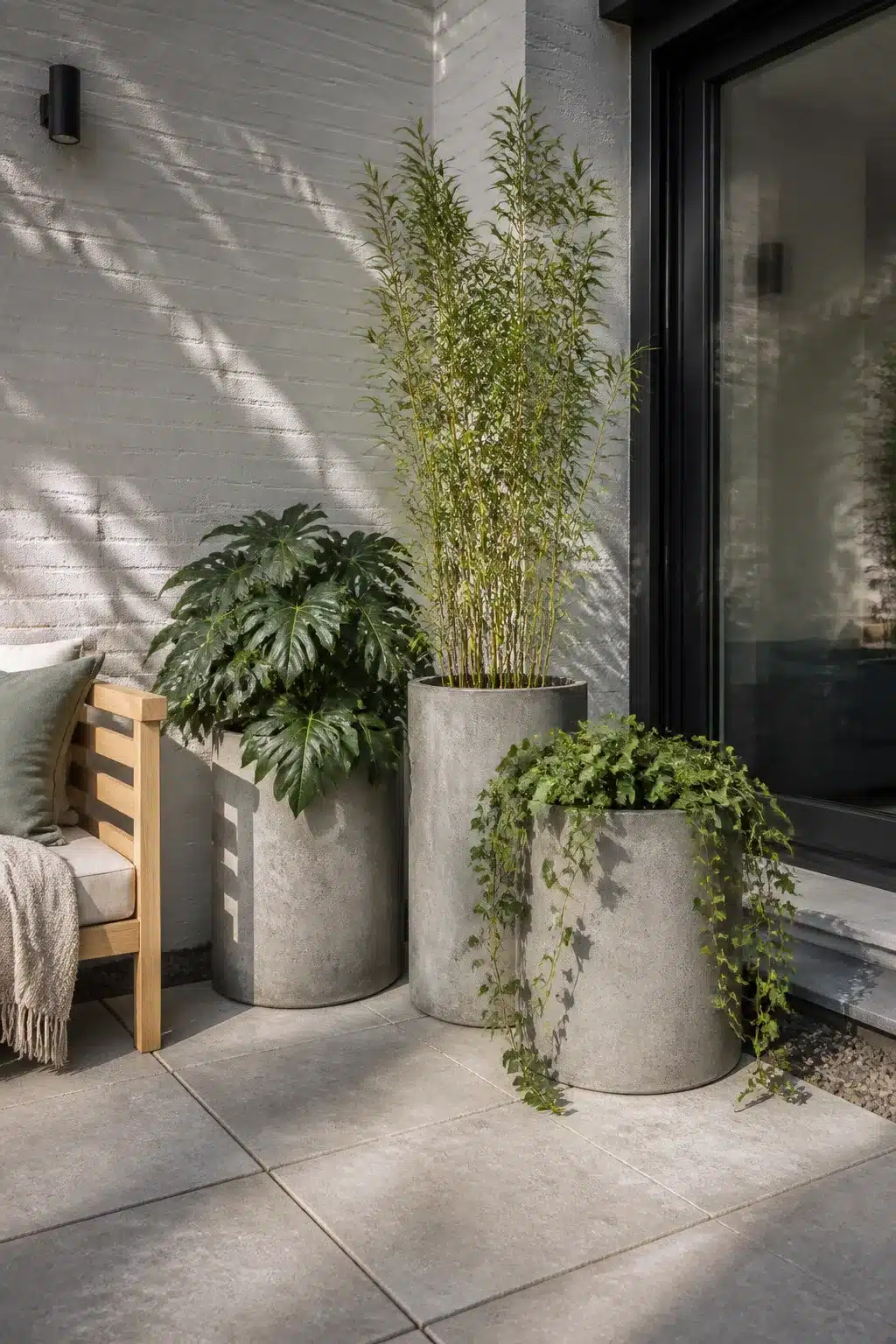 Concrete cylinder planters with bamboo and trailing ivy — small new build garden ideas for a contemporary outdoor space