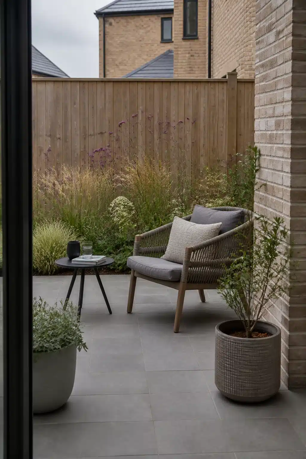 Small new build garden ideas with a wildflower border strip, rope chair, and porcelain patio in a contemporary outdoor space.