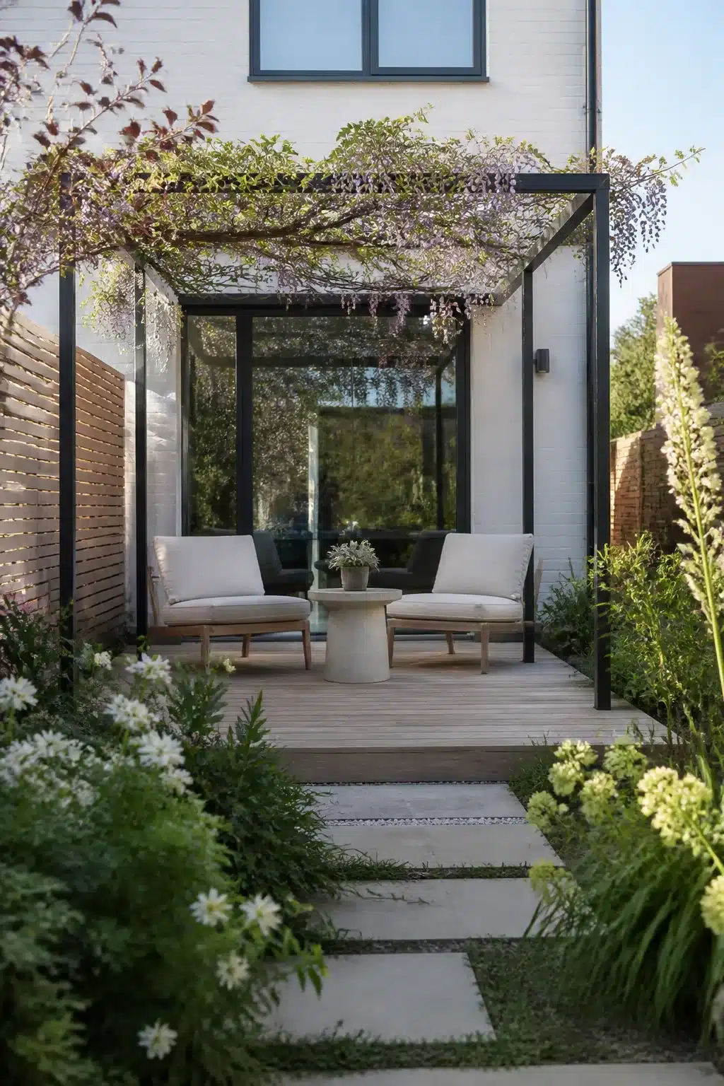Black steel pergola with wisteria and teak chairs — small new build garden ideas for a contemporary outdoor seating area