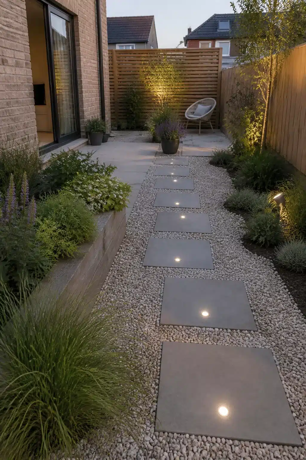Small new build garden ideas with inset LED stepping stones, pea gravel path, and soft planting borders at dusk.