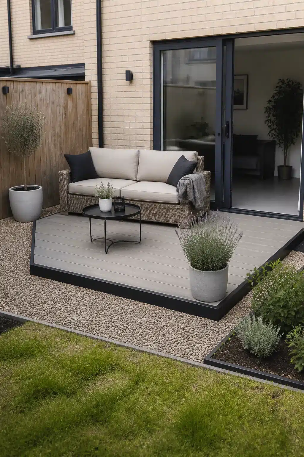 Small new build garden with raised gray composite deck, gravel surround, and wicker sofa seating area