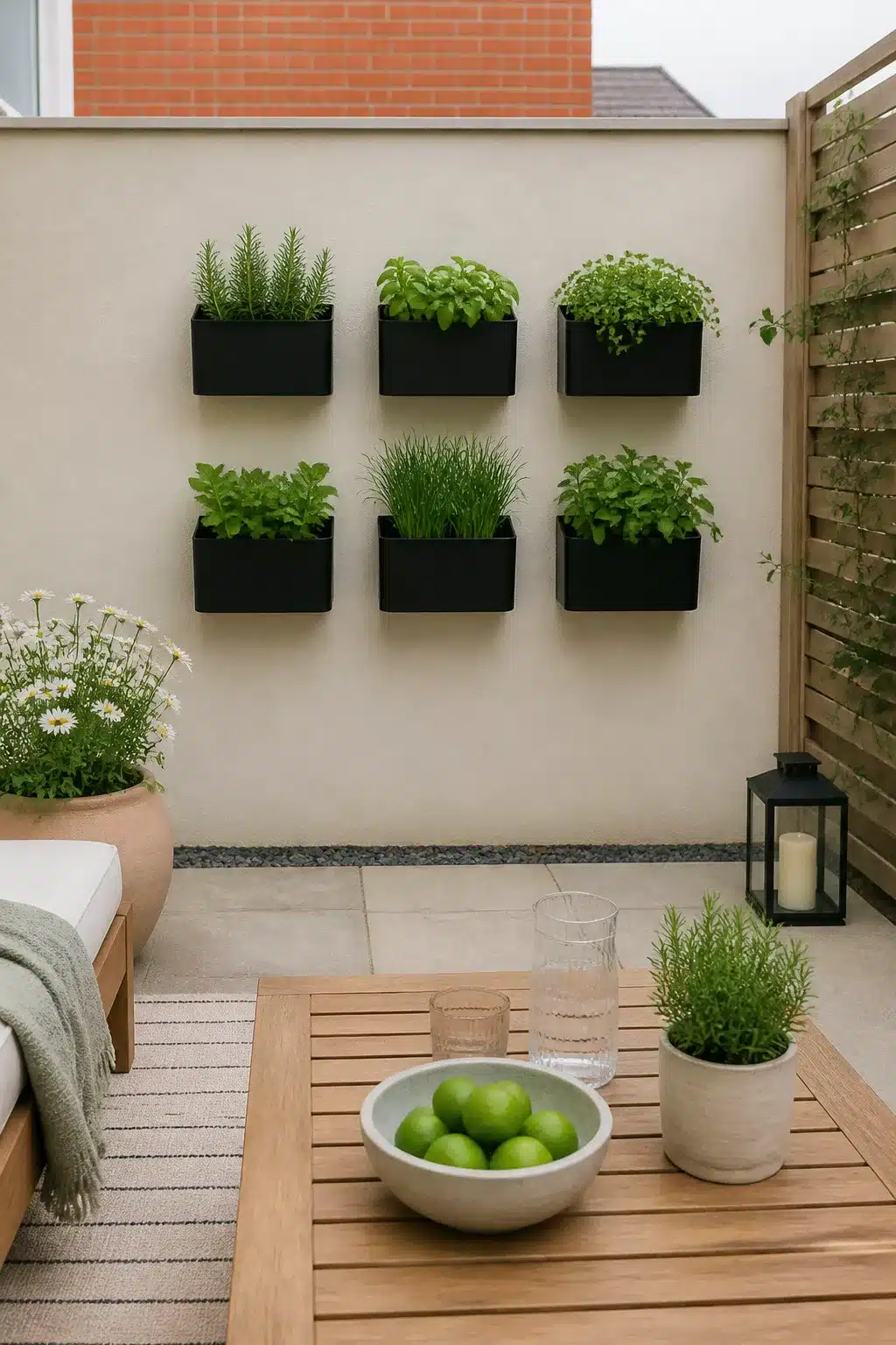 Black wall-mounted herb planter grid on rendered wall — small new build garden ideas for compact outdoor spaces