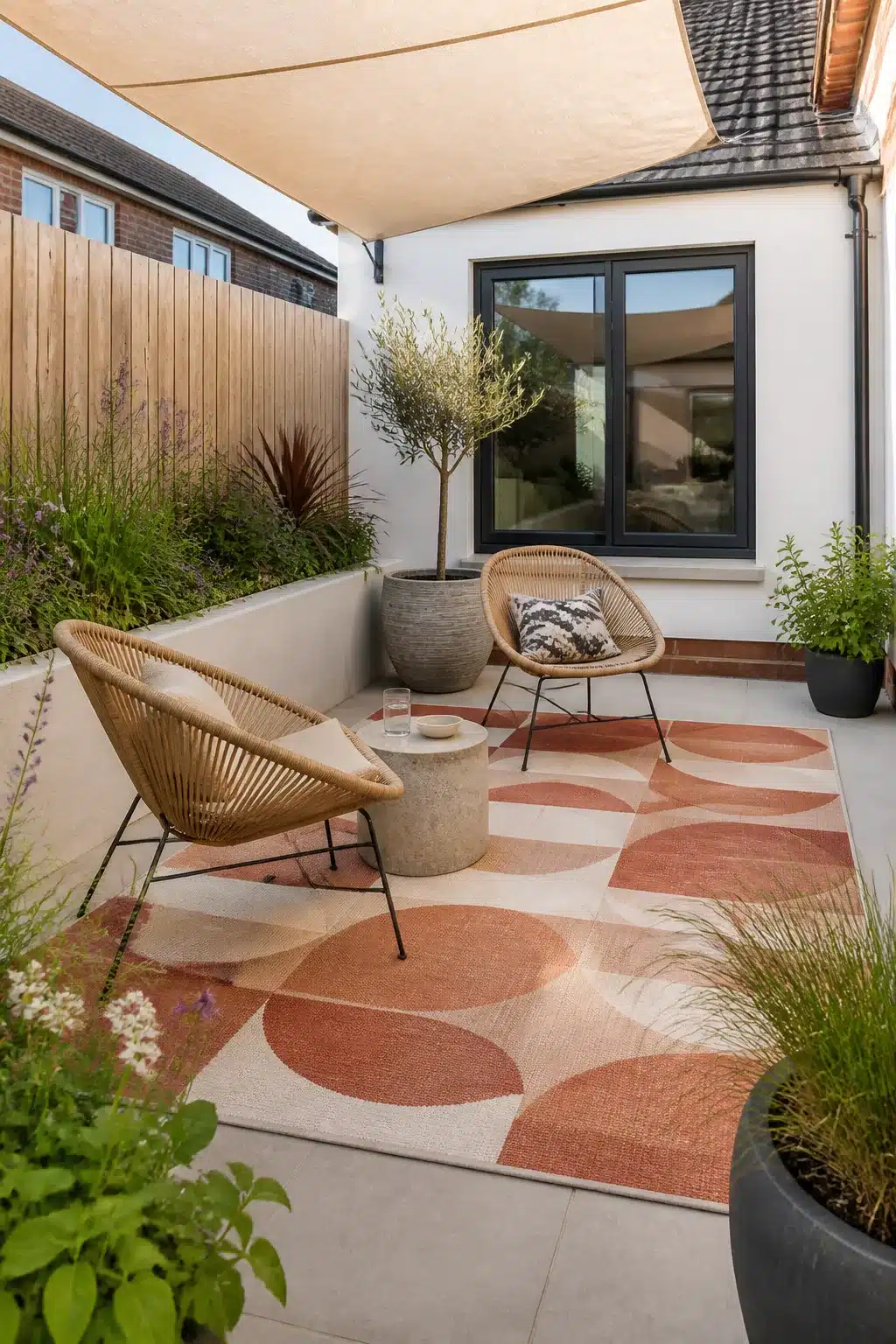 Small new build garden idea with terracotta circle outdoor rug, rattan chairs and olive tree on patio