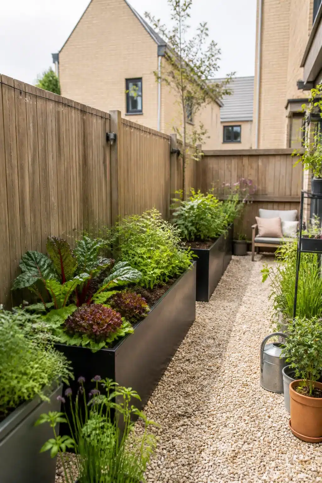 Slim black metal raised vegetable beds in a small new build garden with gravel path and seating area.
