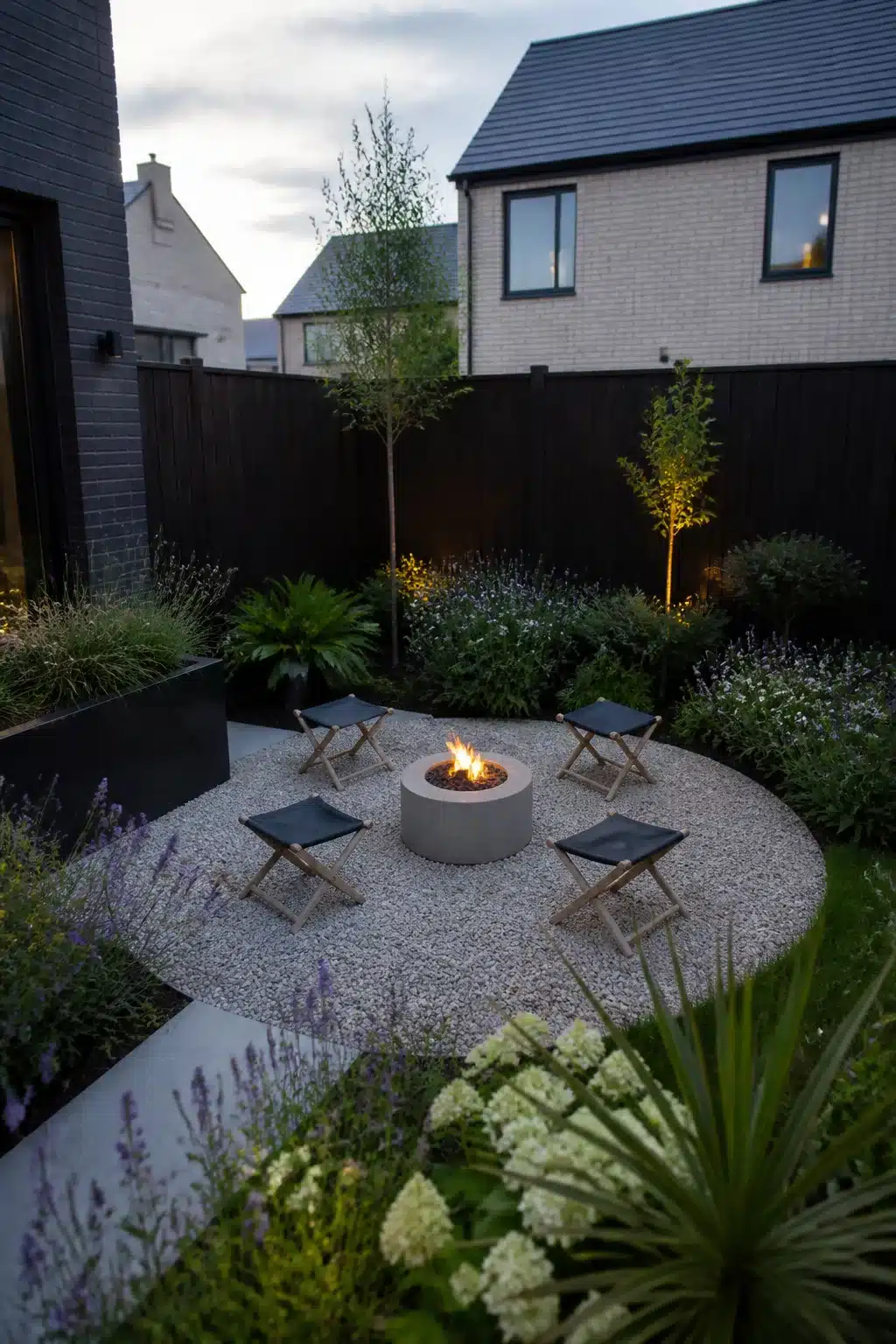 Small new build garden with pea gravel fire pit circle, concrete bowl fire pit, and folding stools at dusk.