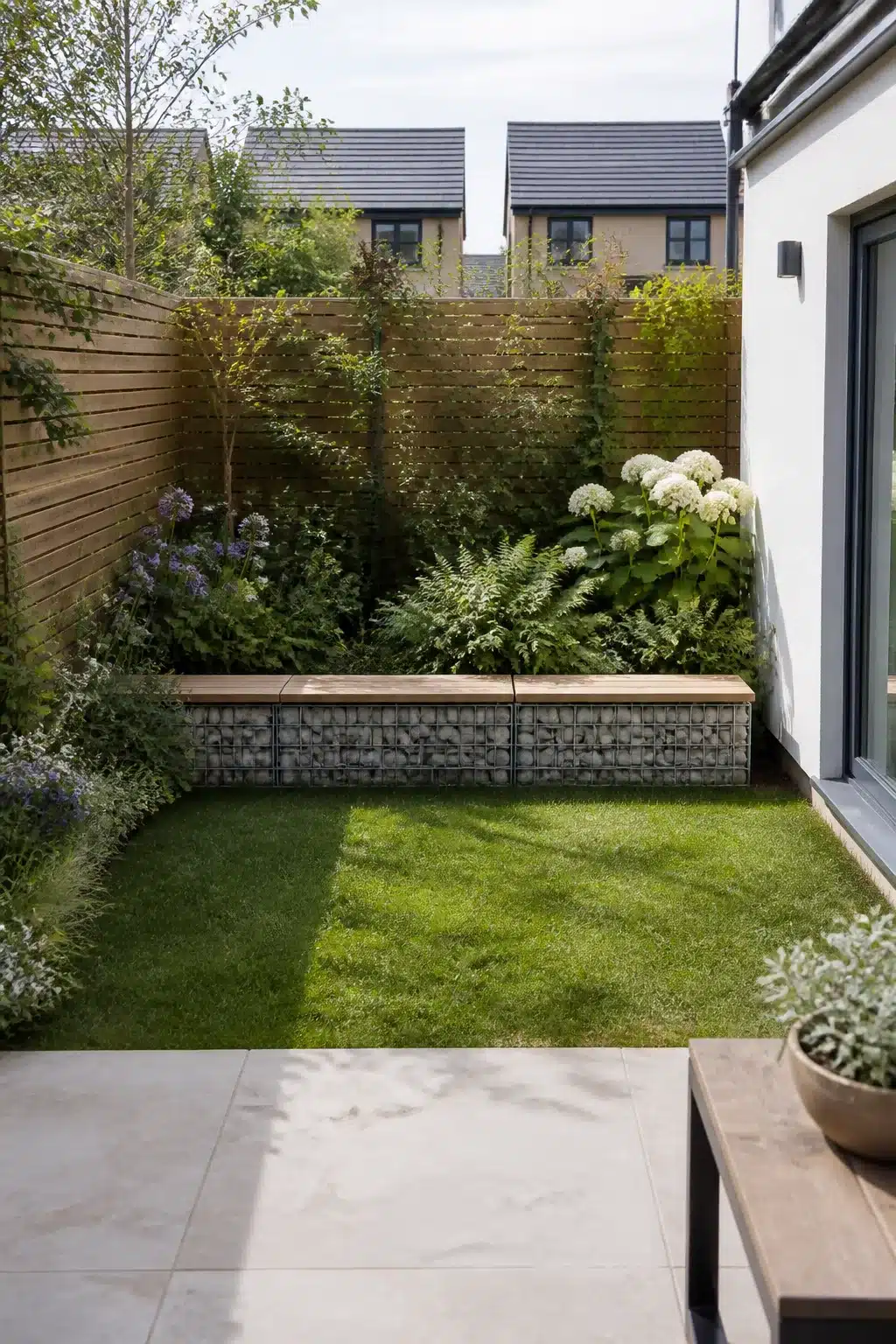 Small new build garden with gabion wall bench, lawn strip, and white hydrangea planting border — contemporary outdoor space idea