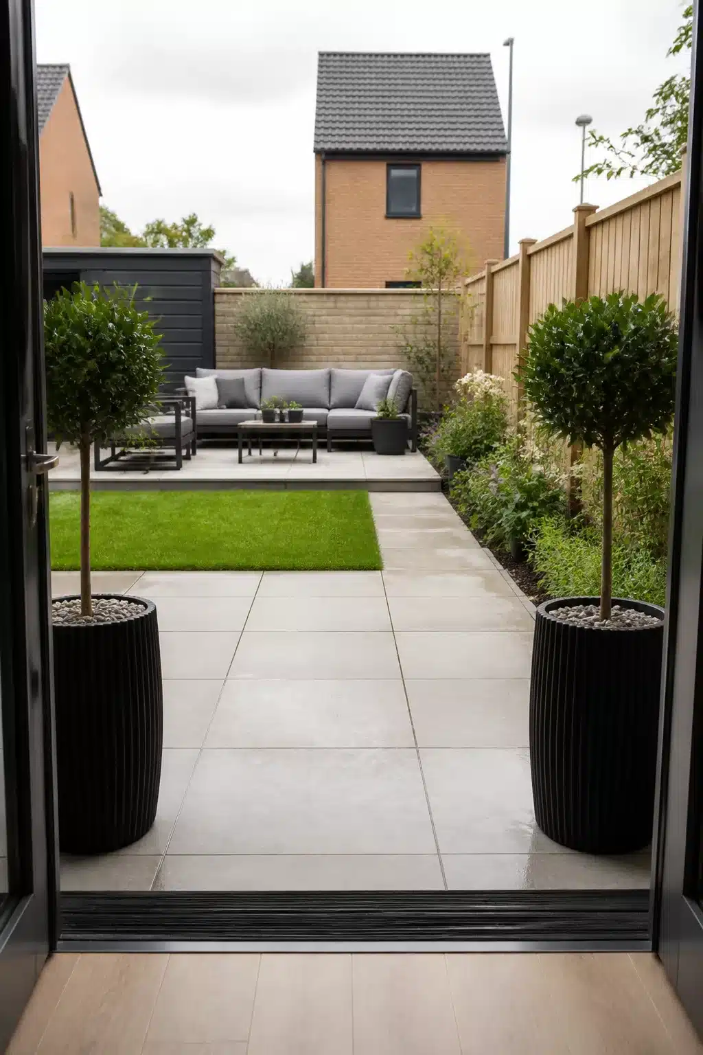 Black ribbed planters with standard bay trees framing back door — small new build garden ideas with contemporary patio design