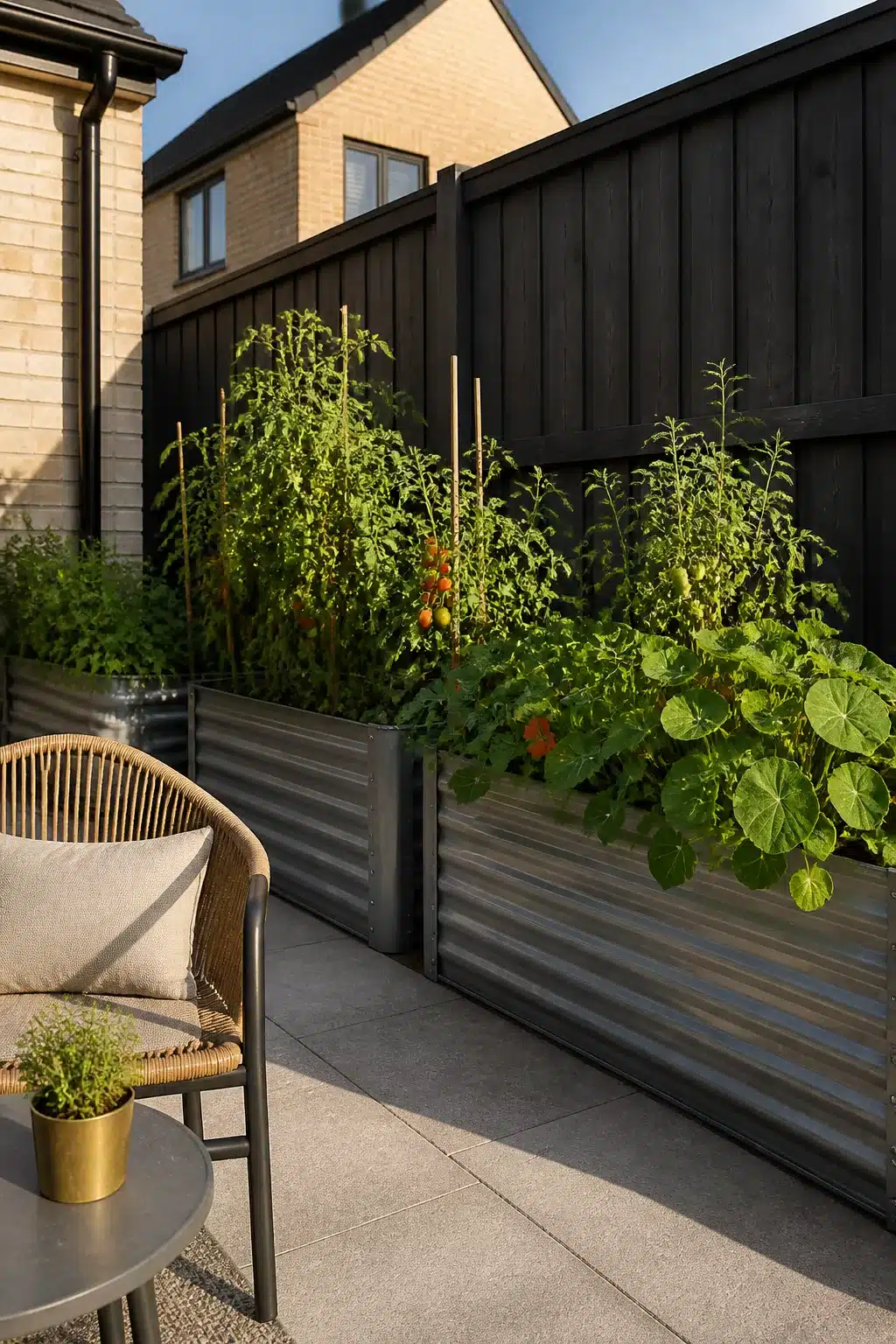 Corrugated metal raised vegetable beds with tomatoes in a small new build garden ideas contemporary patio
