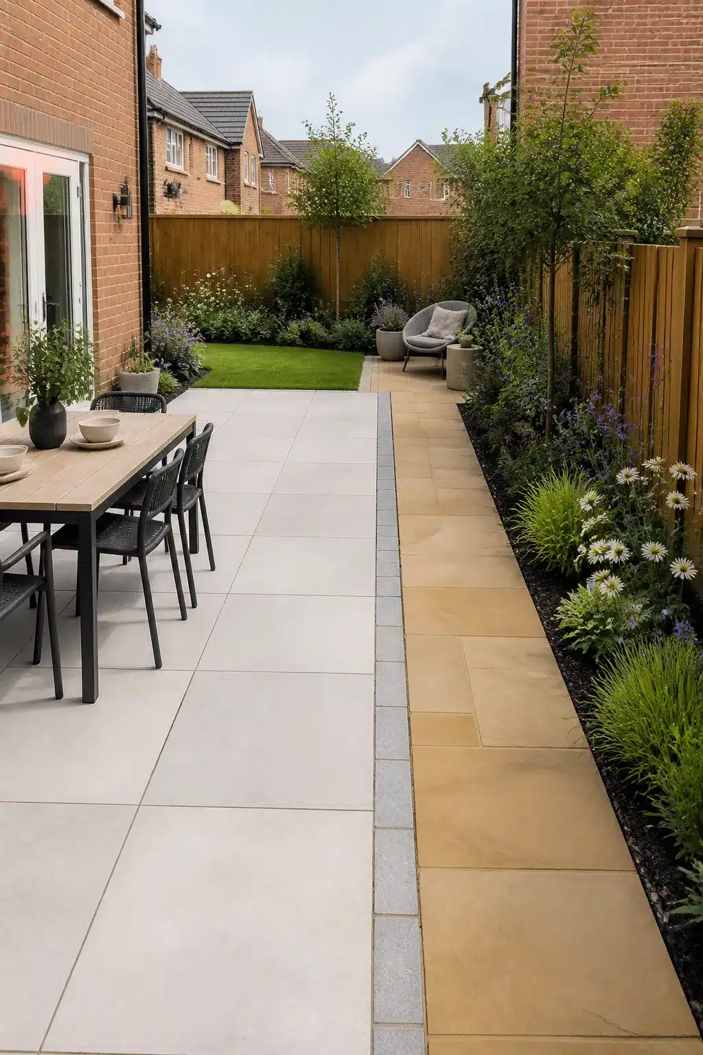 Small new build garden ideas with two-tone sandstone path and white porcelain dining patio zone