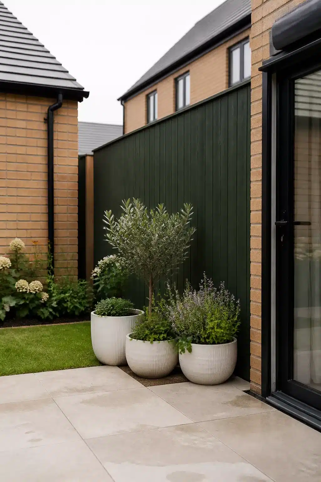 Dark green fence wall with white ribbed planters and olive tree — small new build garden ideas for a contemporary outdoor space