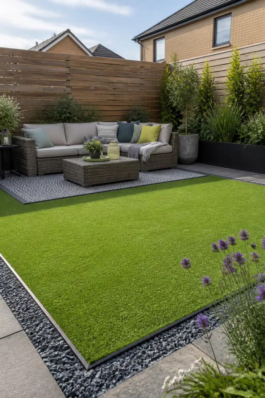 Small new build garden with artificial turf, dark gravel borders, and a rattan corner sofa seating area.