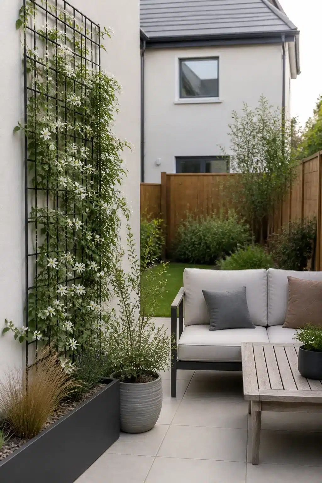 Black grid trellis with white clematis on a render wall in a small new build garden contemporary patio