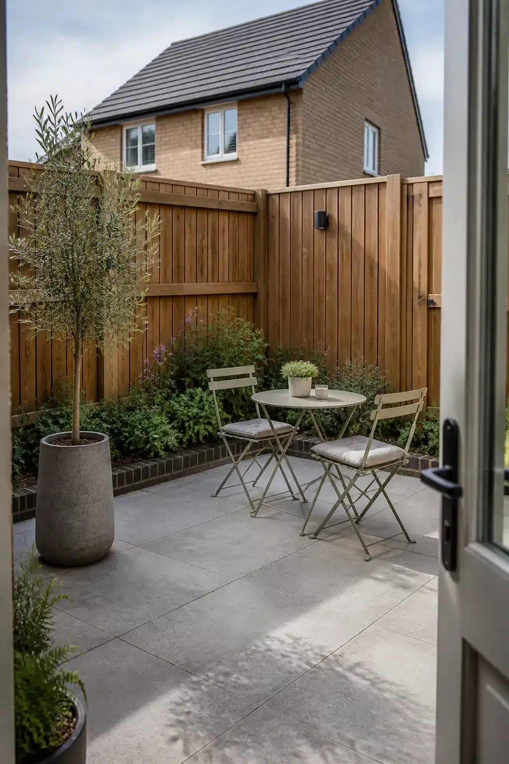 Small new build garden with sage bistro set, cedar fence, and olive tree in tall planter — outdoor dining ideas
