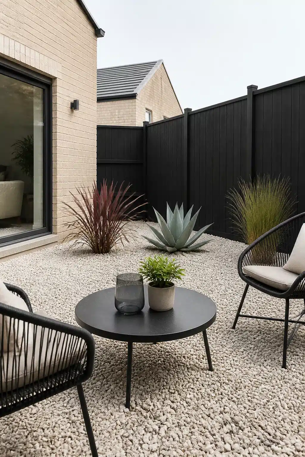 Small new build garden with white gravel, architectural plants, black fence and rope-weave chairs — contemporary outdoor space ideas