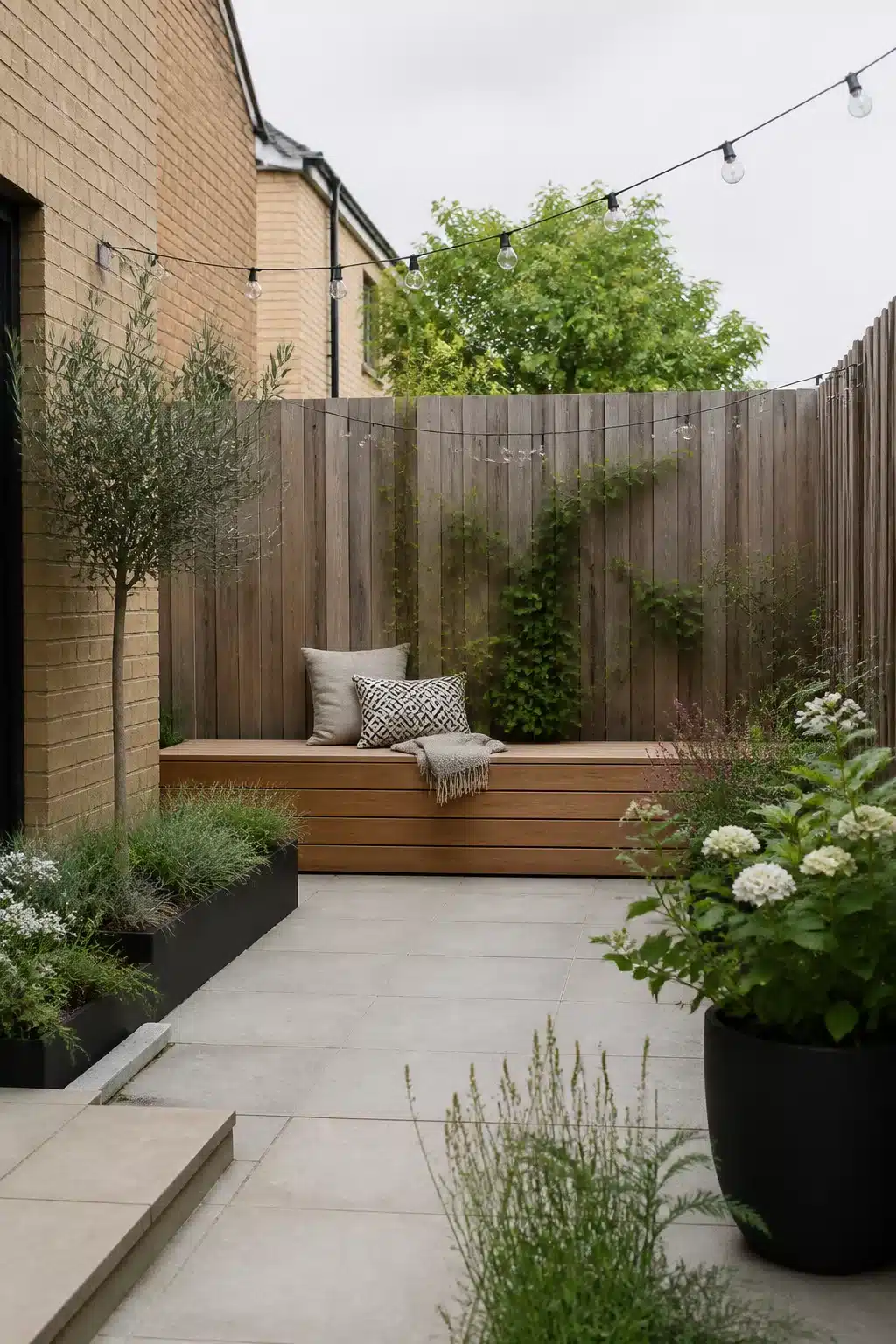 Built-in hardwood bench with string lights in a small new build garden — contemporary patio seating ideas.