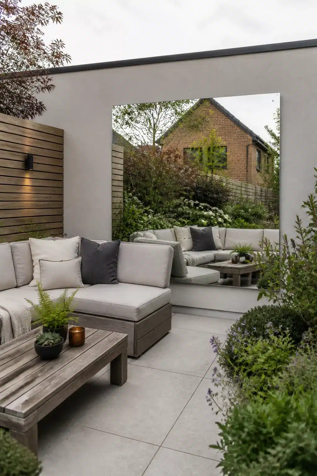 Small new build garden ideas with a large outdoor mirror on a rendered wall creating depth in a compact contemporary space.
