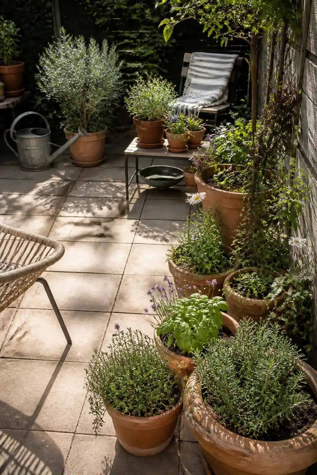 Aged terracotta pot cluster with herbs on a small patio garden — layered container planting idea
