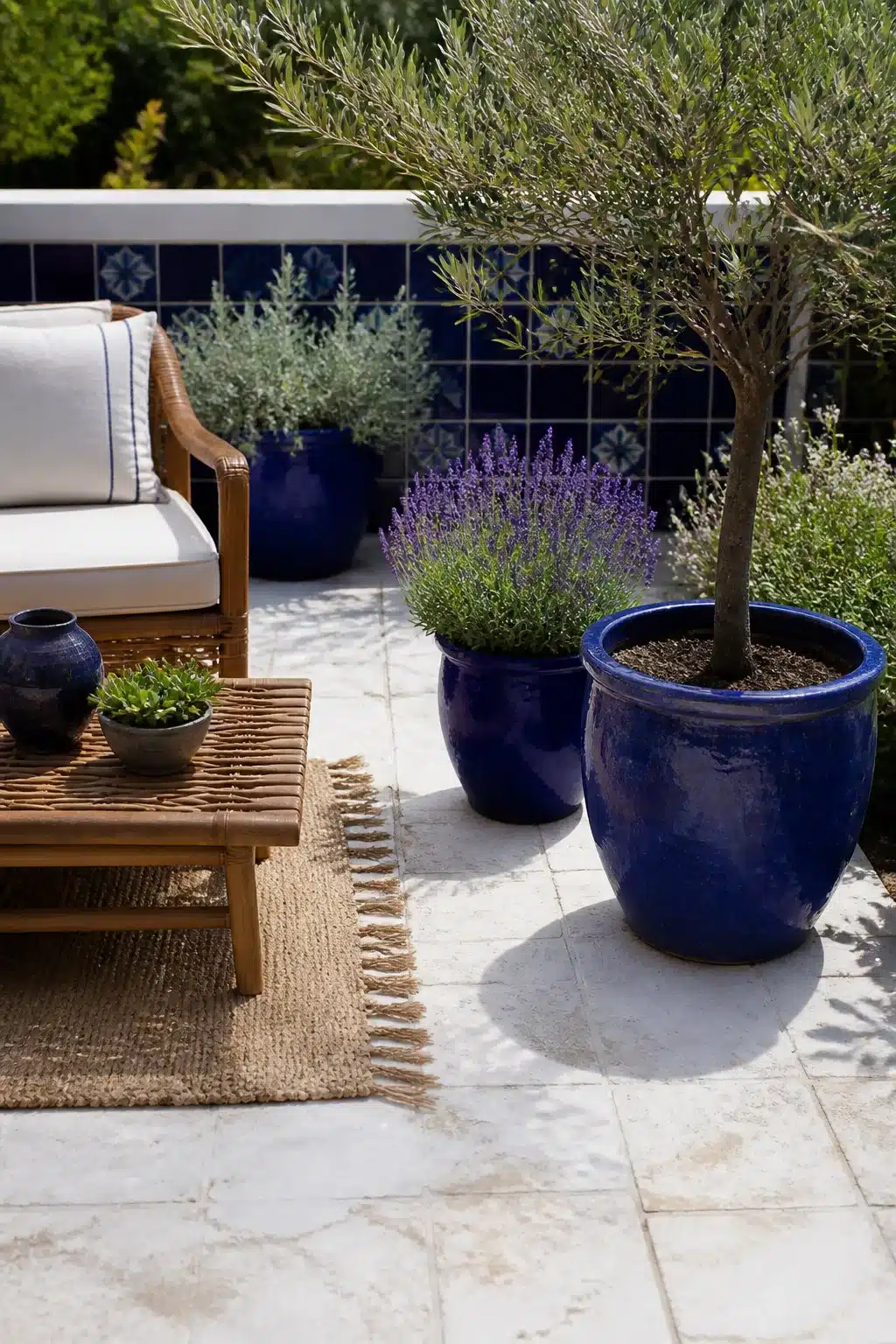 Small patio garden with cobalt blue glazed pots, lavender, olive tree, and blue tile wall backdrop.