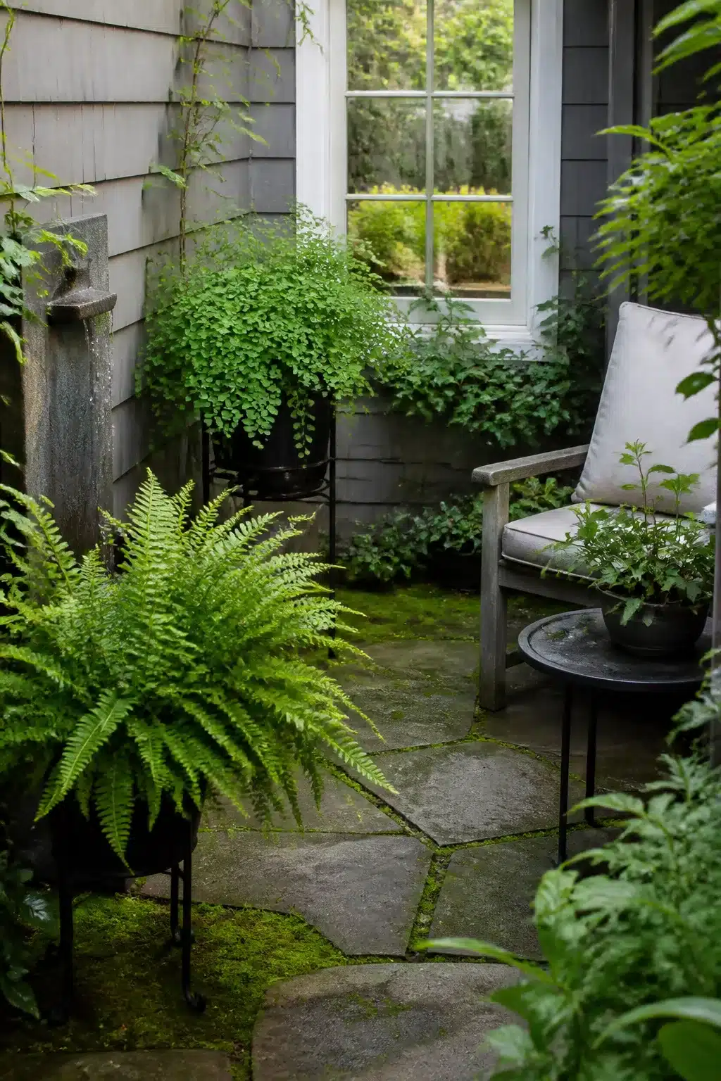 Small patio garden with flagstone paving, potted ferns, and a shaded woodland corner beside a gray house.