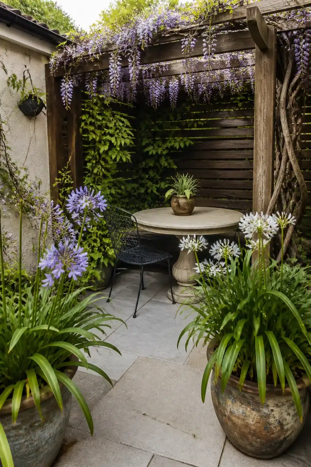 Corner pergola with wisteria and agapanthus in pots — small patio garden with stone table and timber screen