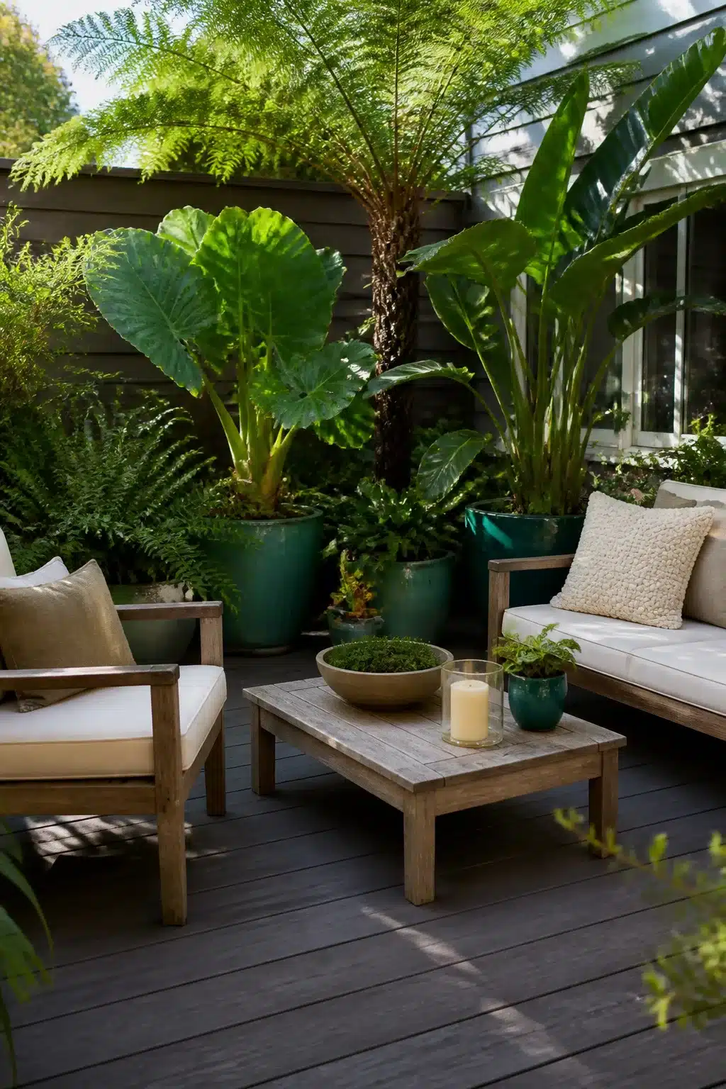 Small patio garden with teal glazed pots, giant elephant ear leaves, and tropical foliage on a gray deck