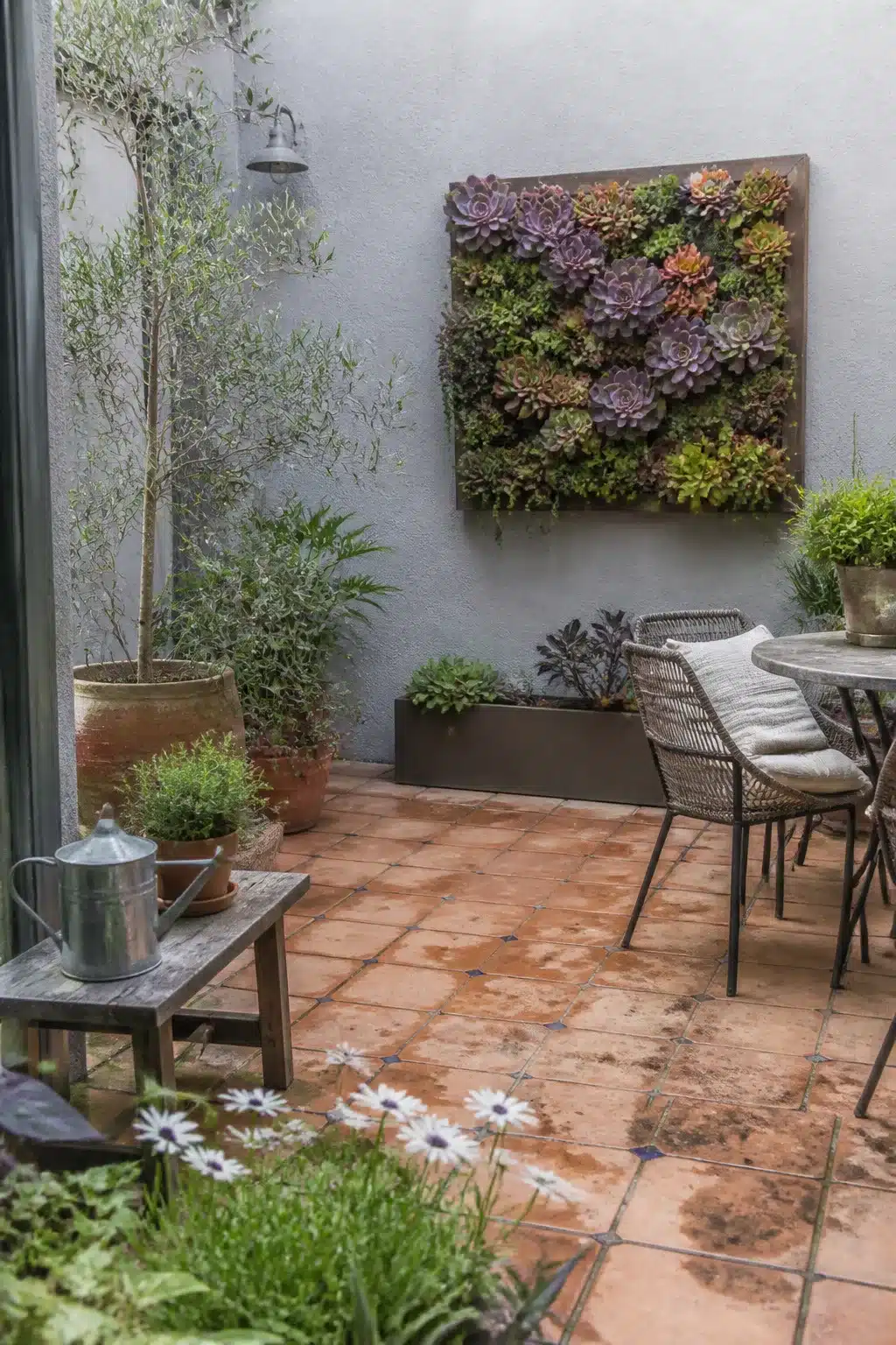 Small patio garden with a large succulent wall panel, terra cotta tiles, and potted plants on a gray stucco wall.