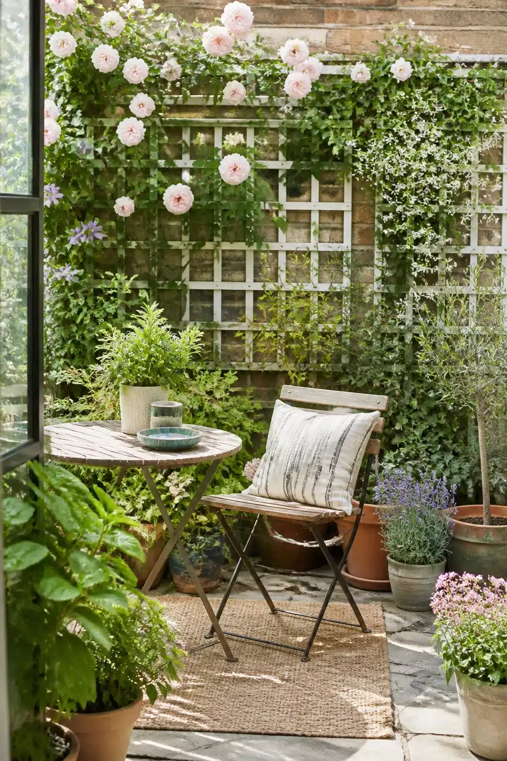 Small patio garden with white trellis wall covered in pink climbing roses, folding bistro table and potted plants