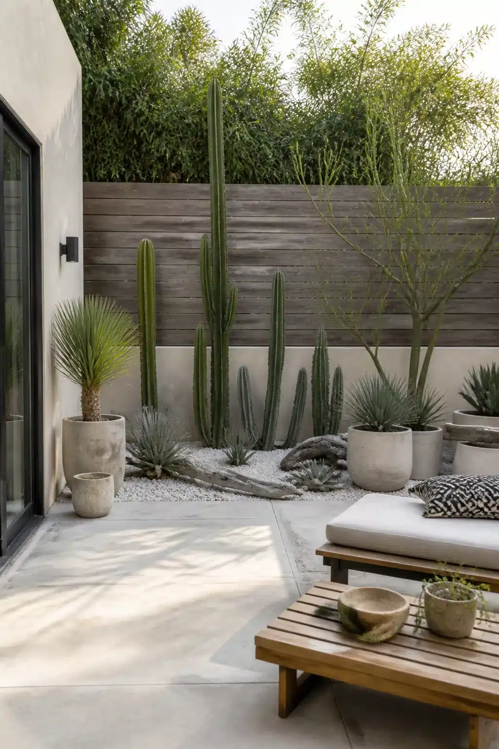 Small patio garden with columnar cacti, white gravel, agaves and concrete planters against a wood fence.