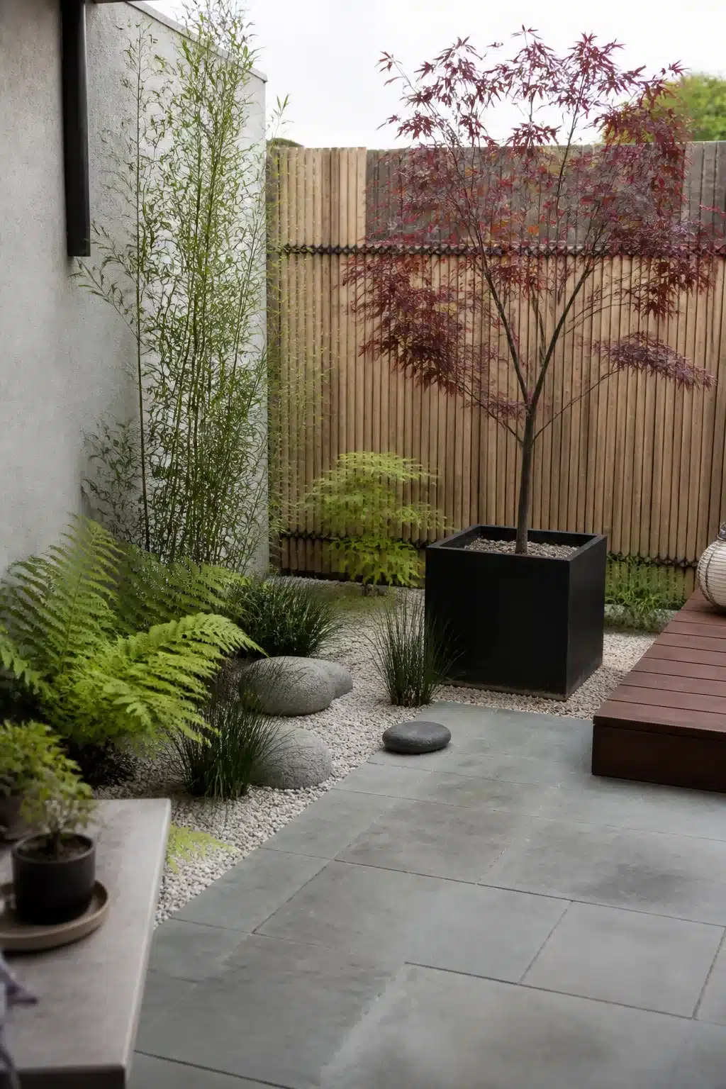 Japanese zen small patio garden with black cube planter, red maple, gravel bed, and bamboo fence